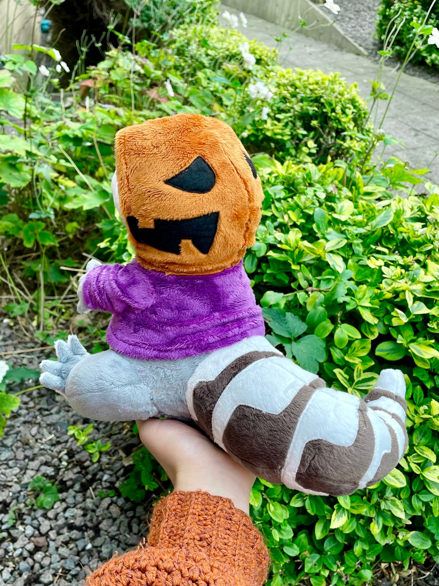 Hand Made Plush - Spooky Skeletal Lizard with Purple and Orange Pumkin Hoddie, Ready to Post.