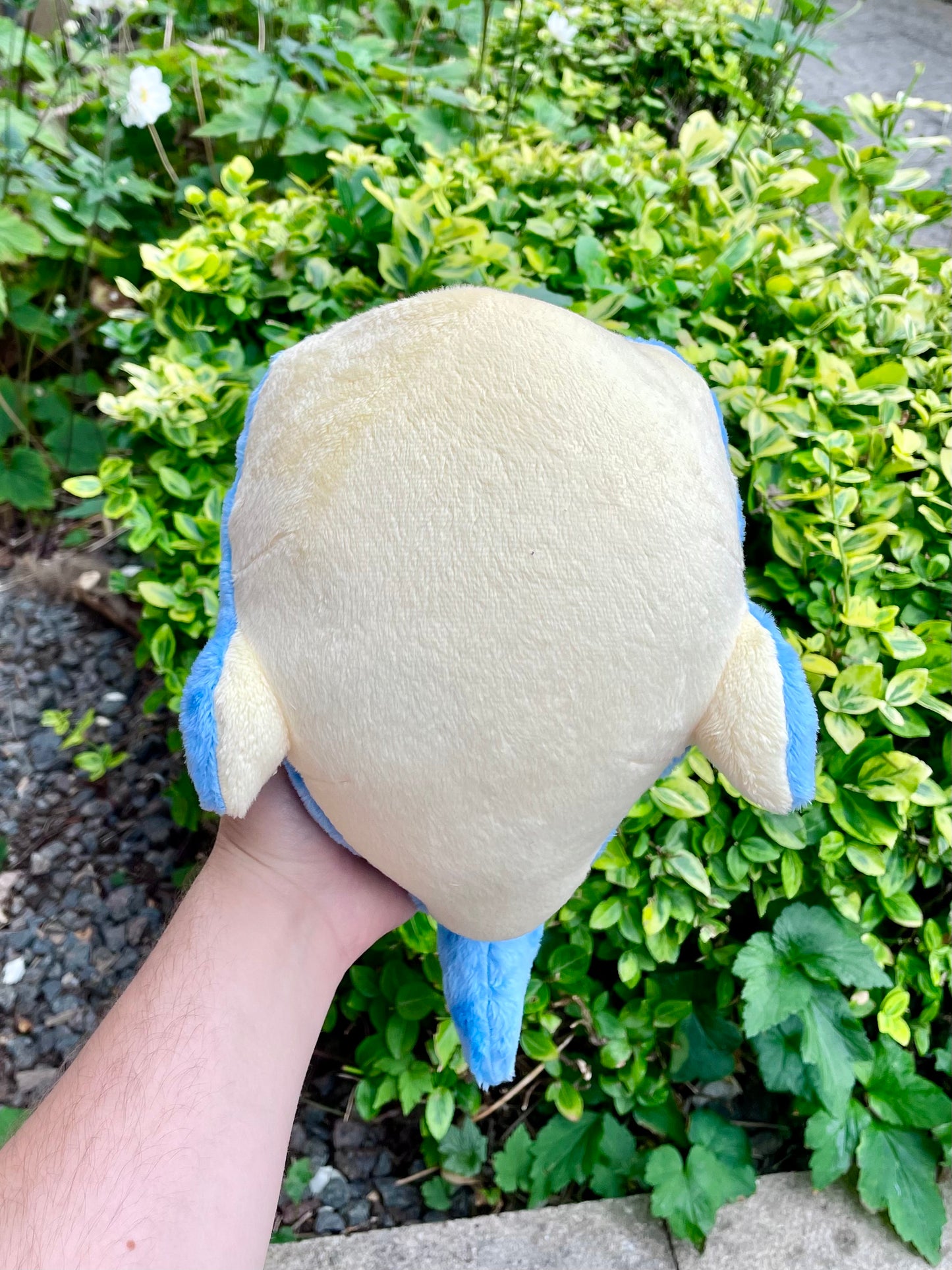 Hand Crafted Plushie - Blue and Yellow Whale Shark Plushie with Light Purple Accents and Pocket Mouth, Ready to Post.