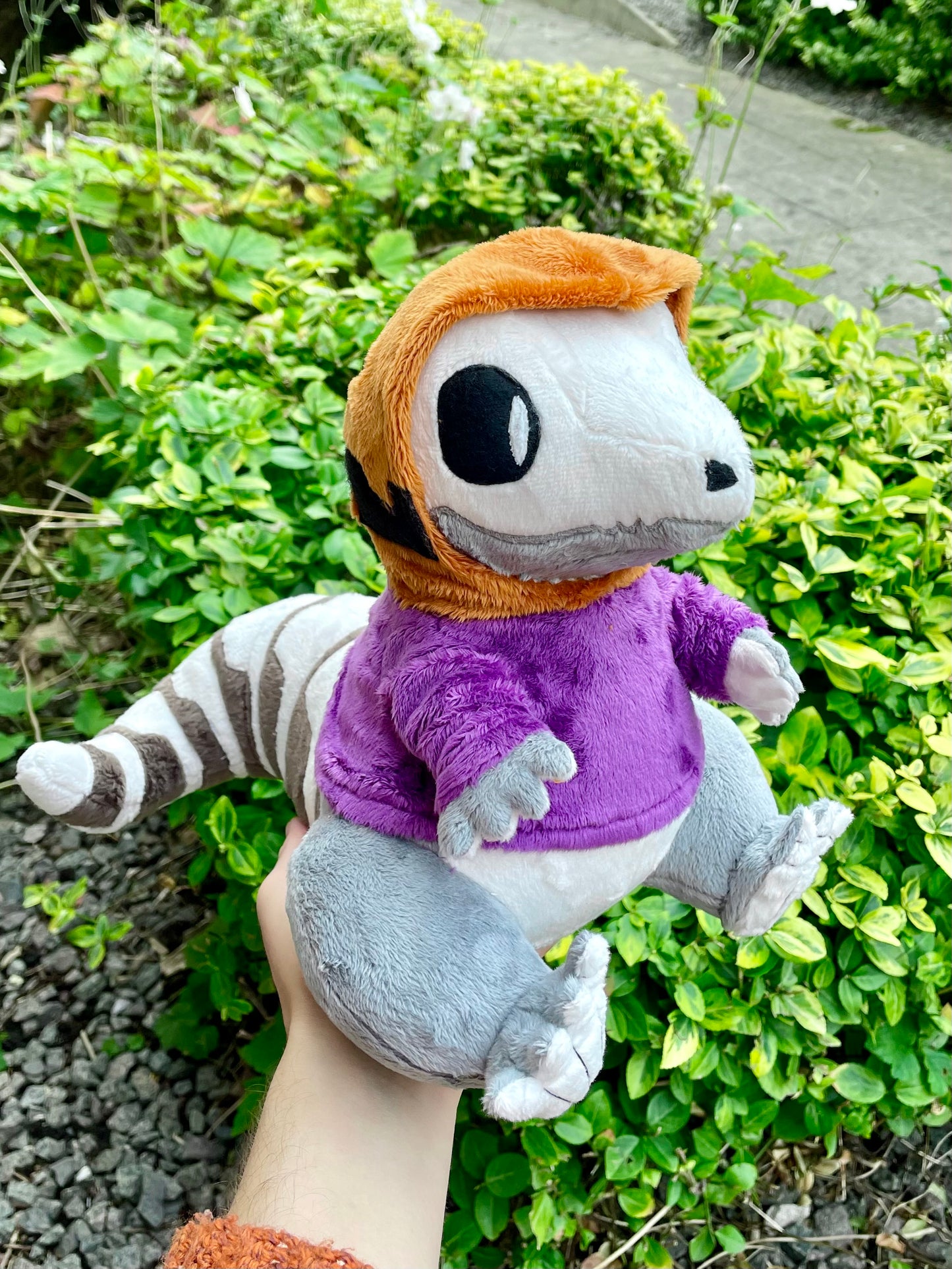 Hand Made Plush - Spooky Skeletal Lizard with Purple and Orange Pumkin Hoddie, Ready to Post.
