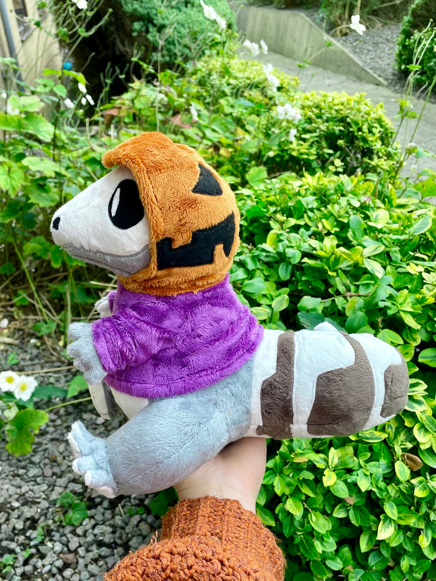 Hand Made Plush - Spooky Skeletal Lizard with Purple and Orange Pumkin Hoddie, Ready to Post.