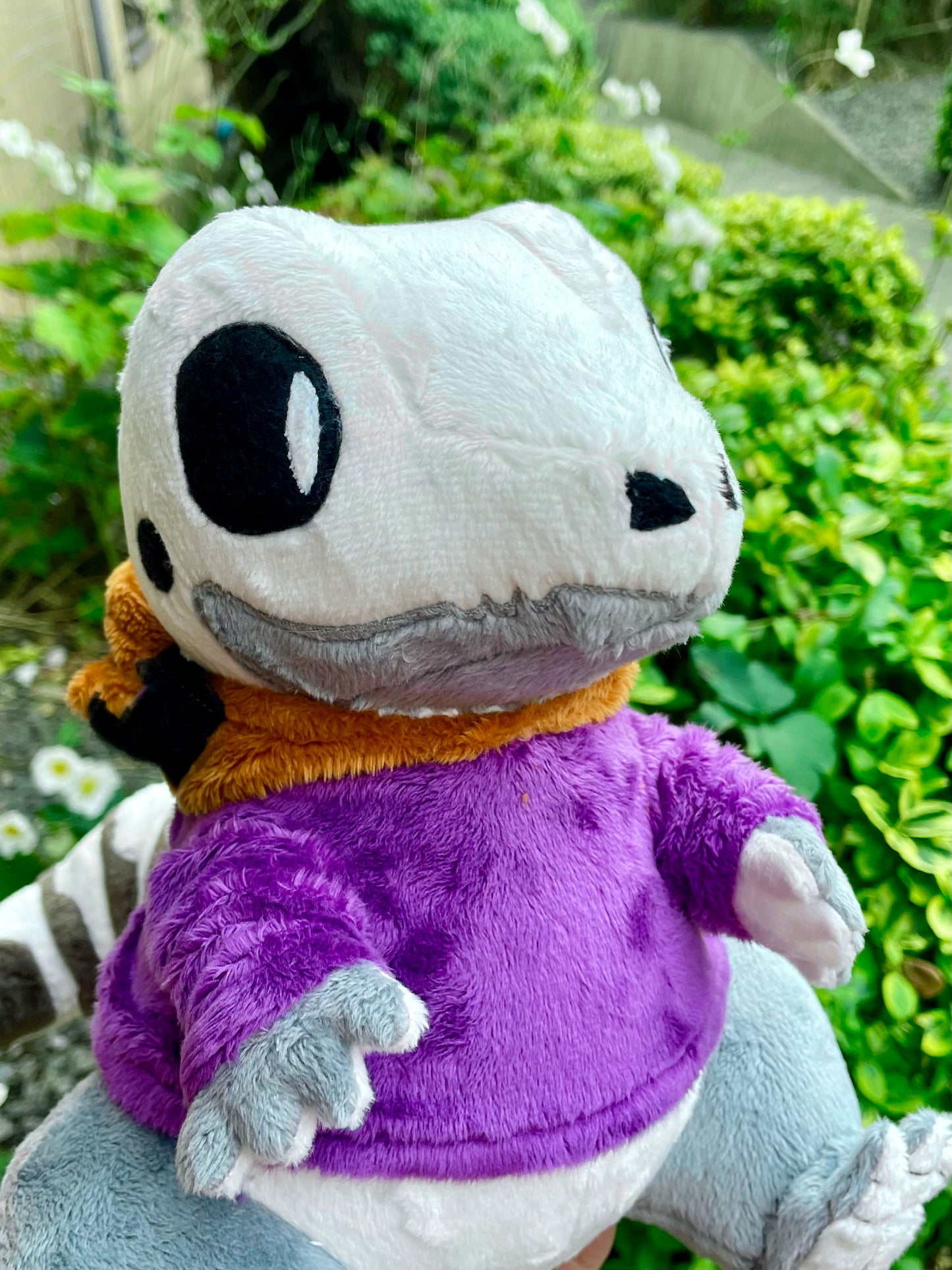 Hand Made Plush - Spooky Skeletal Lizard with Purple and Orange Pumkin Hoddie, Ready to Post.