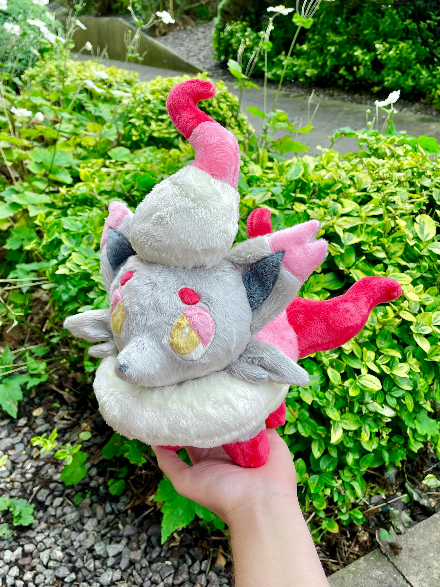 Hand Made Plush - Ghost/Normal Type Illusion Fox Pocket Monster, Red, White and Light Grey, Ready to Post.