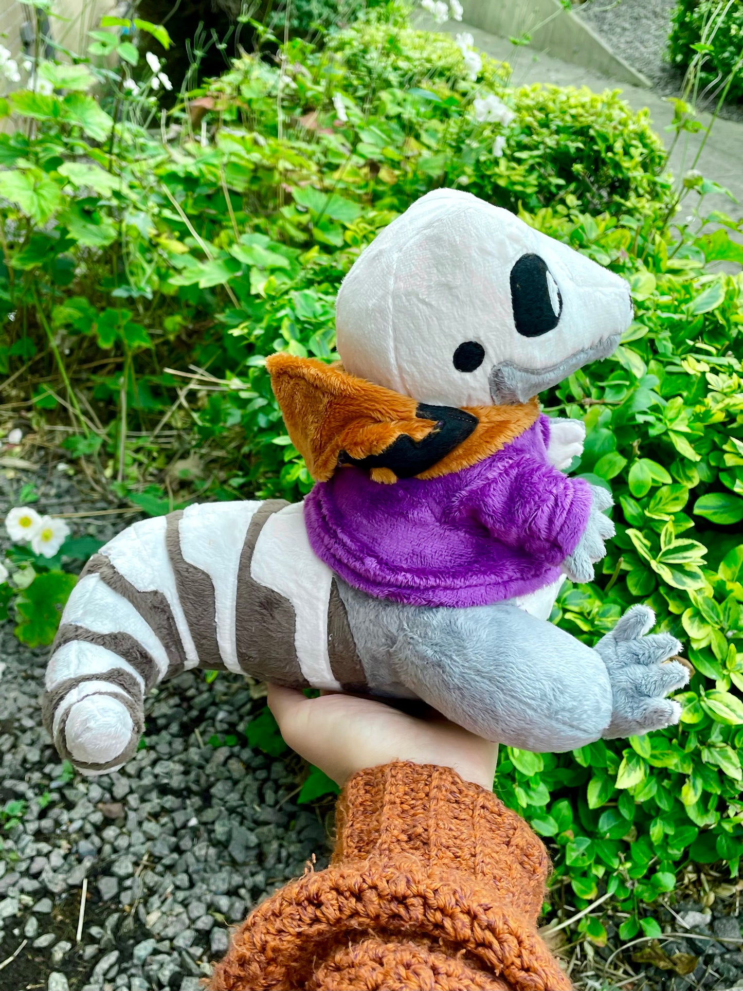 Hand Made Plush - Spooky Skeletal Lizard with Purple and Orange Pumkin Hoddie, Ready to Post.