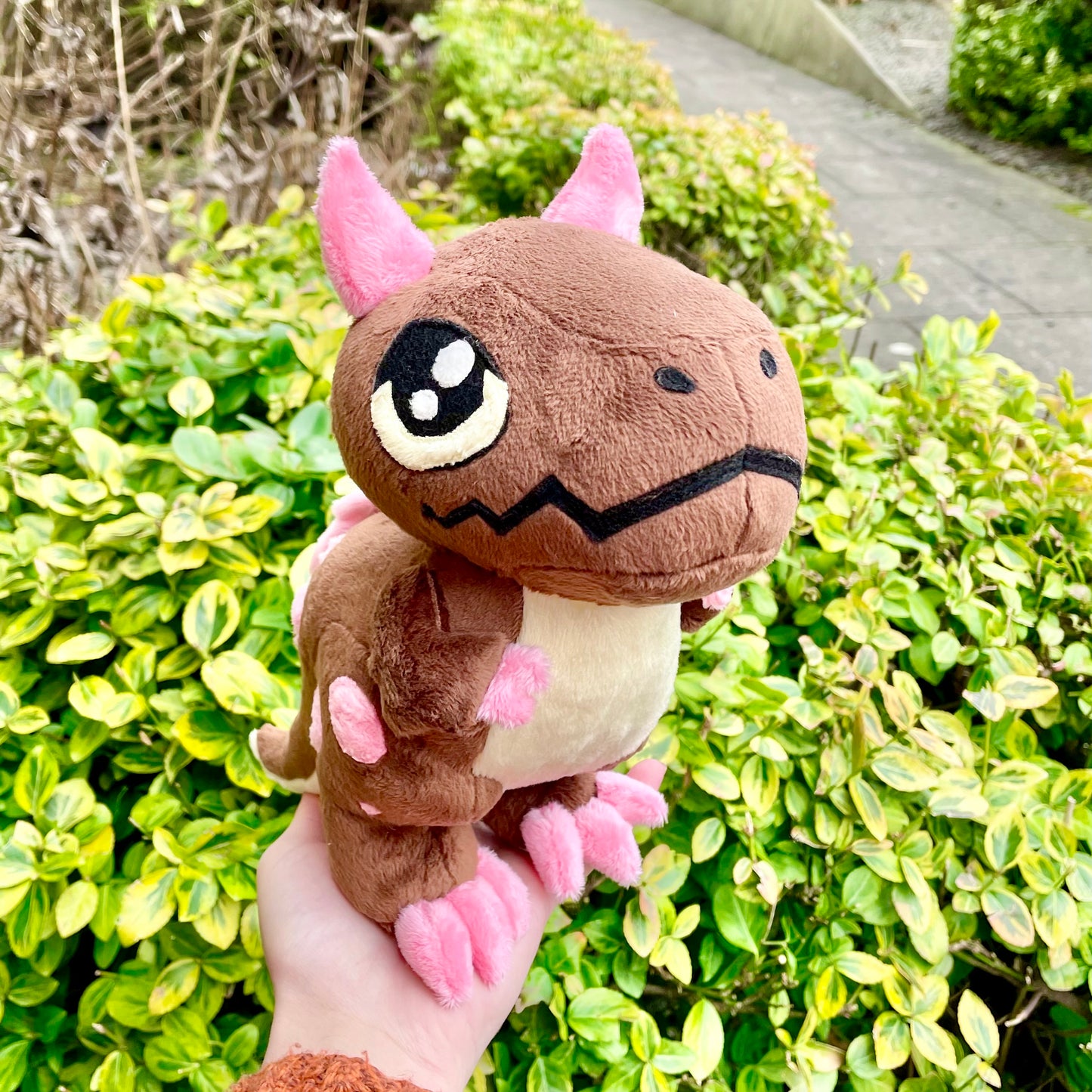 Hand Crafted Plushie - Chocolate Brown and Light Pink Carnotosaurus Dinosaur Plush, Ready to Post