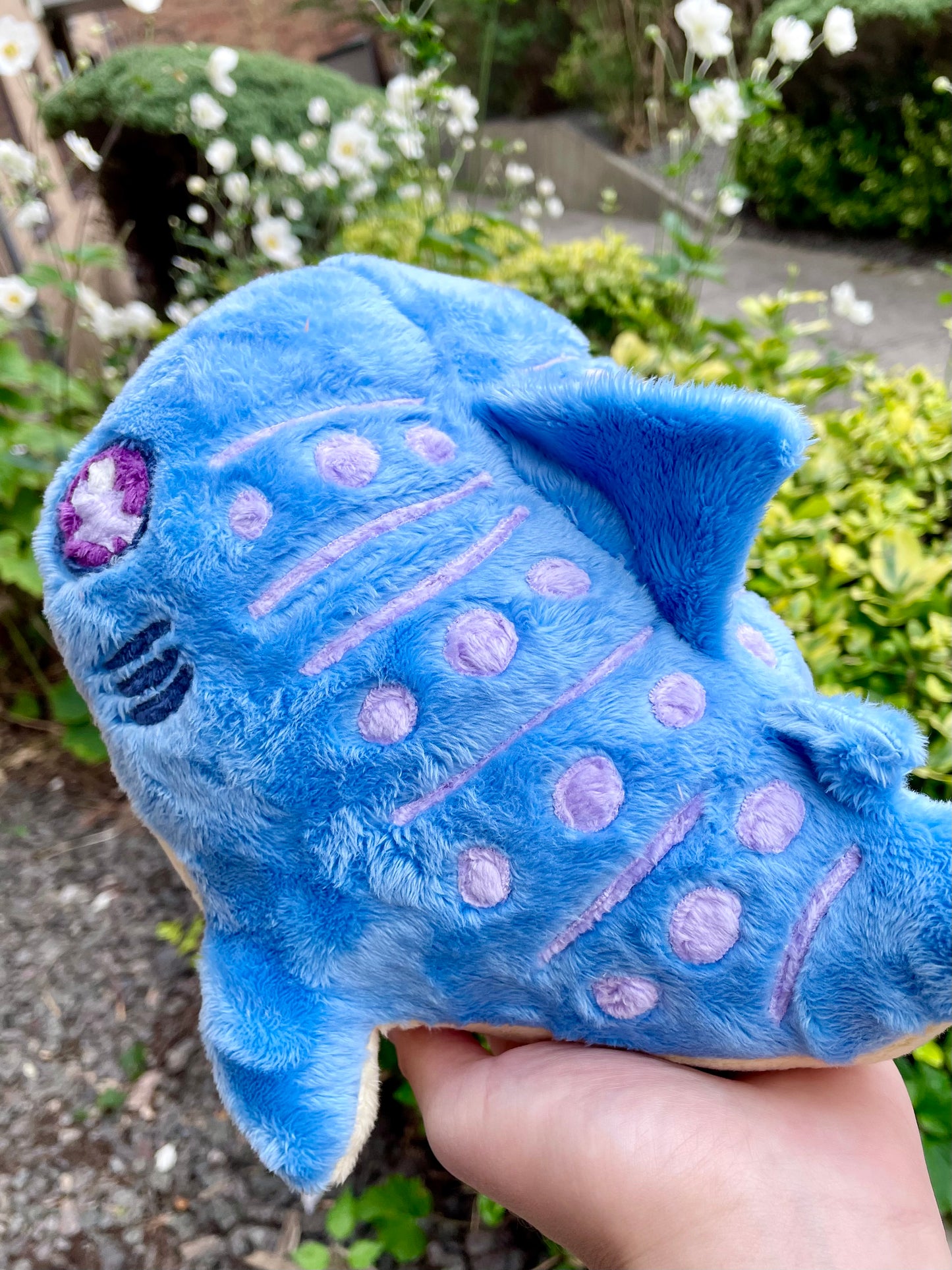Hand Crafted Plushie - Blue and Yellow Whale Shark Plushie with Light Purple Accents and Pocket Mouth, Ready to Post.