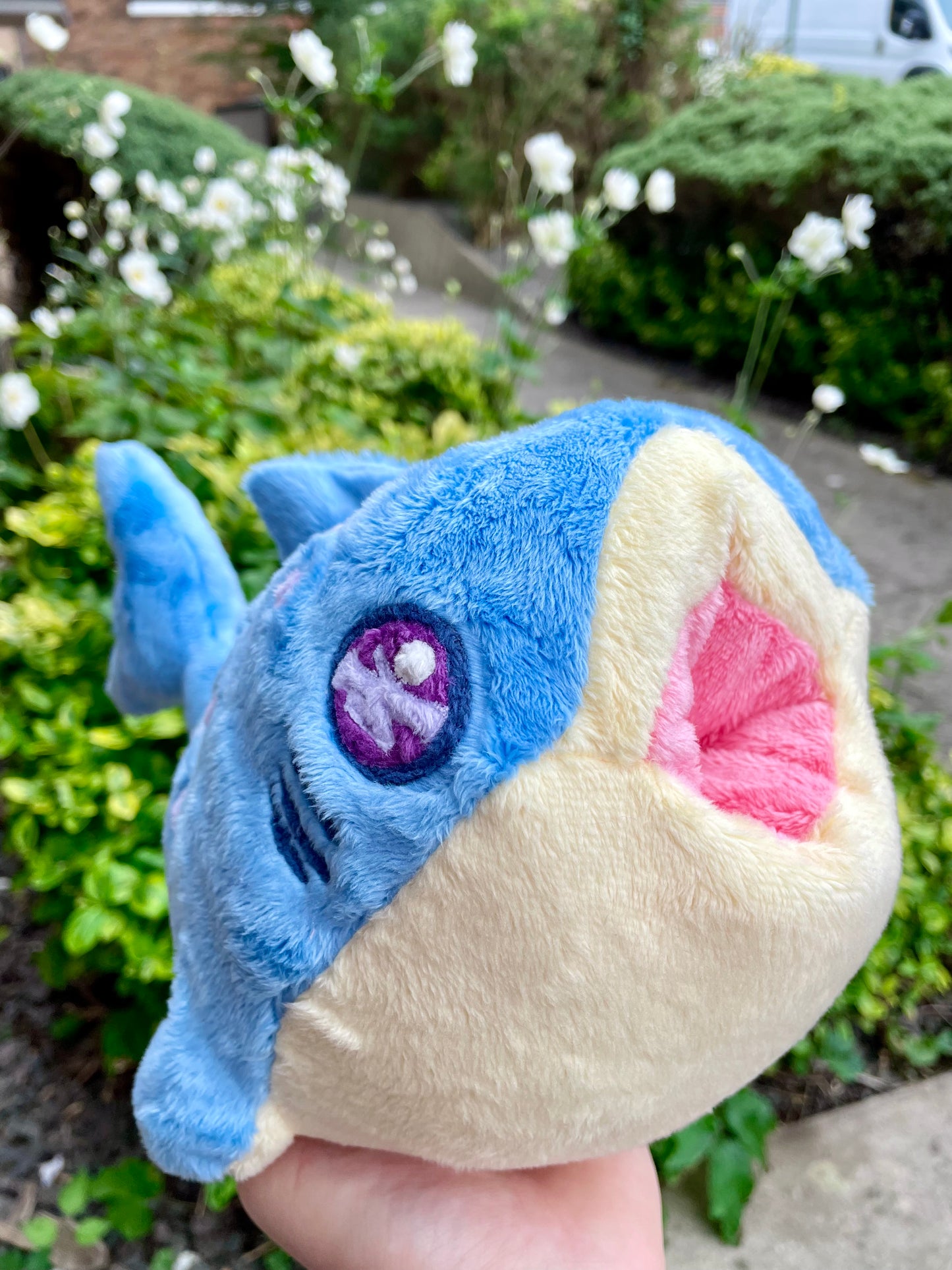 Hand Crafted Plushie - Blue and Yellow Whale Shark Plushie with Light Purple Accents and Pocket Mouth, Ready to Post.
