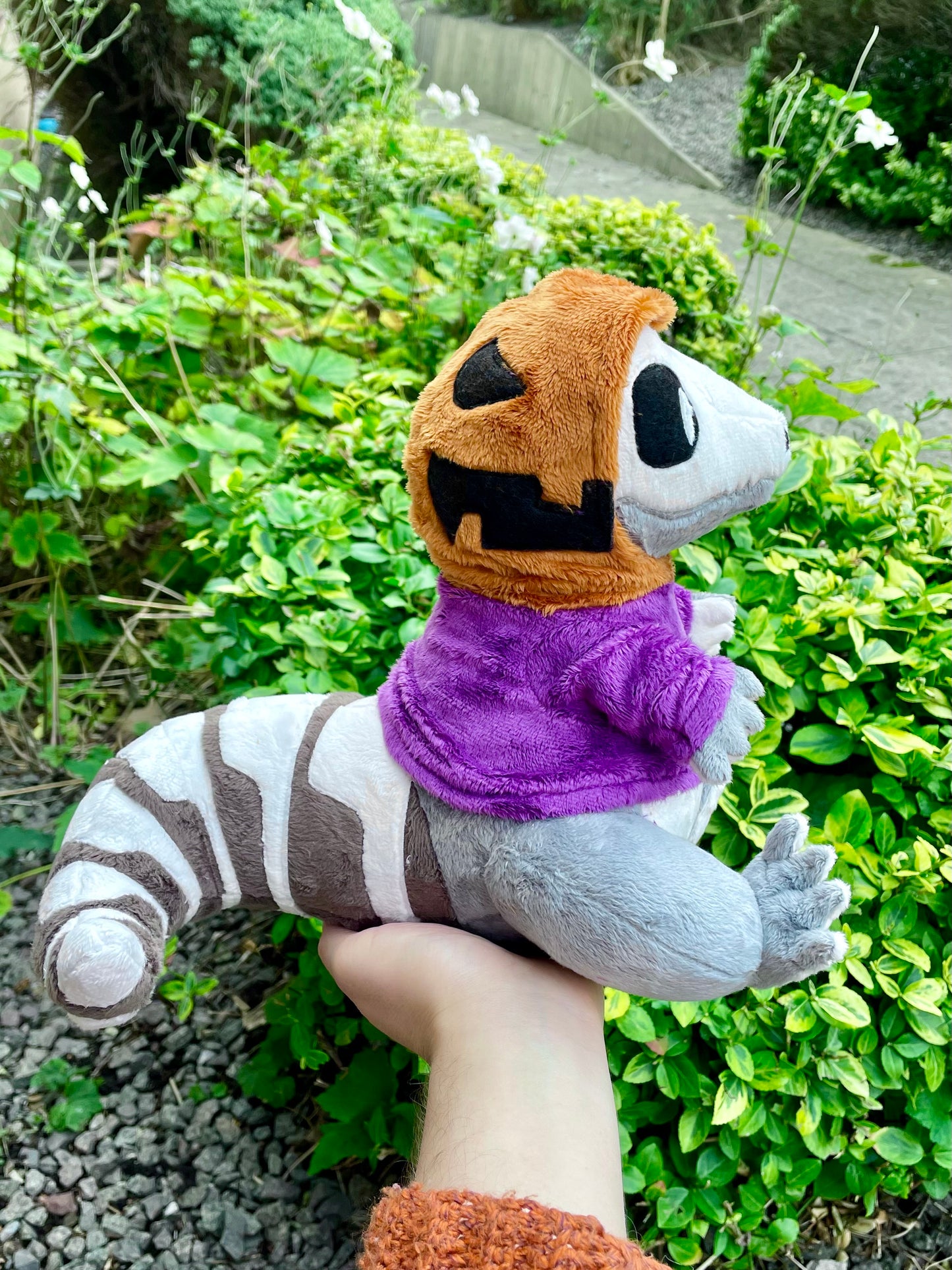 Hand Made Plush - Spooky Skeletal Lizard with Purple and Orange Pumkin Hoddie, Ready to Post.