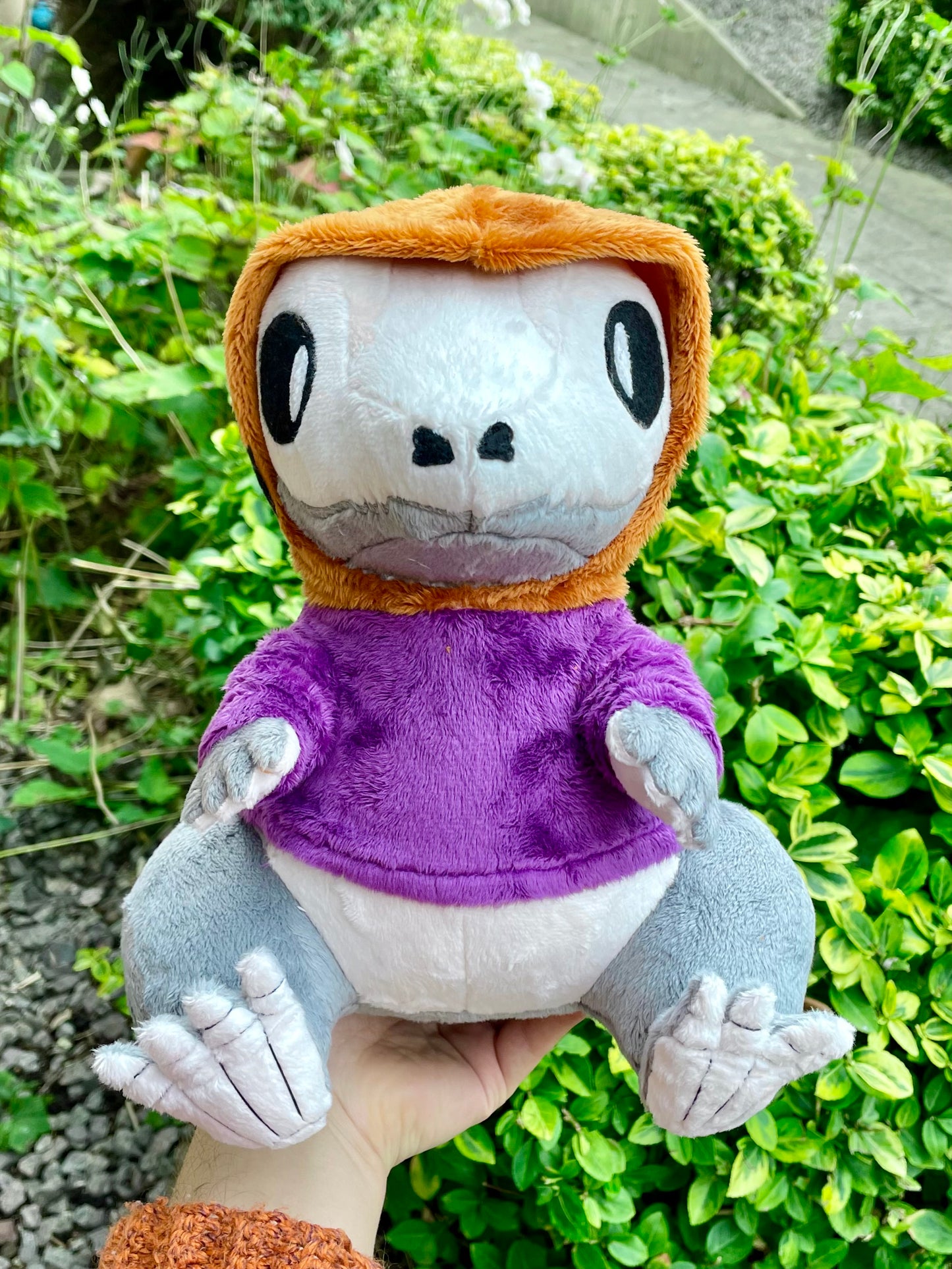 Hand Made Plush - Spooky Skeletal Lizard with Purple and Orange Pumkin Hoddie, Ready to Post.