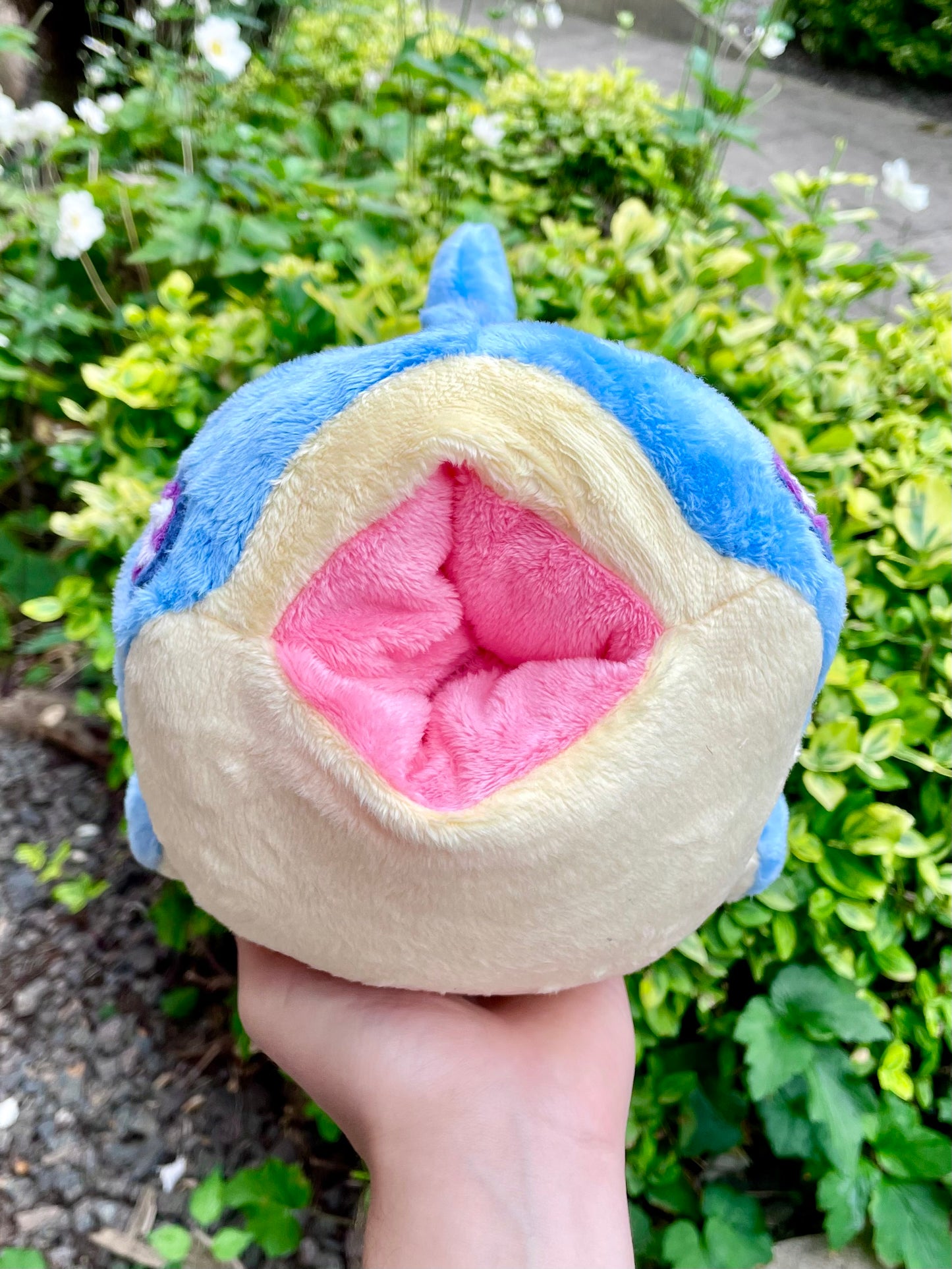 Hand Crafted Plushie - Blue and Yellow Whale Shark Plushie with Light Purple Accents and Pocket Mouth, Ready to Post.