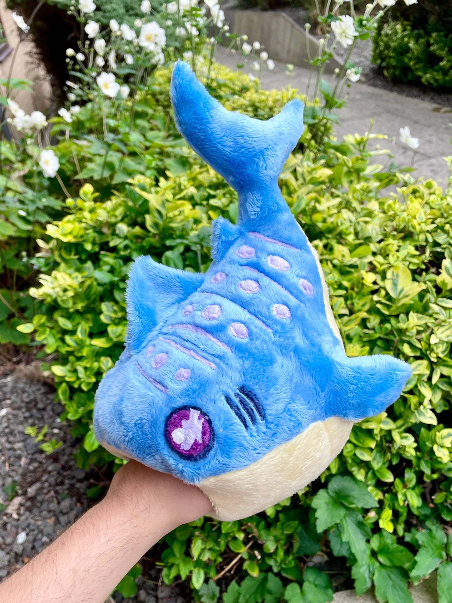 Hand Crafted Plushie - Blue and Yellow Whale Shark Plushie with Light Purple Accents and Pocket Mouth, Ready to Post.