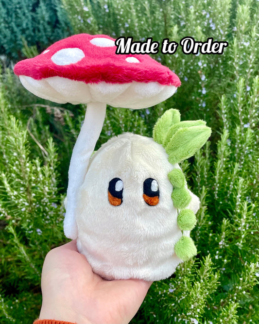 Hand-Crafted Plush, Made to Order - Ghost Sprite Plush with Posable Wired Mushroom (Up to 4 Week Wait)