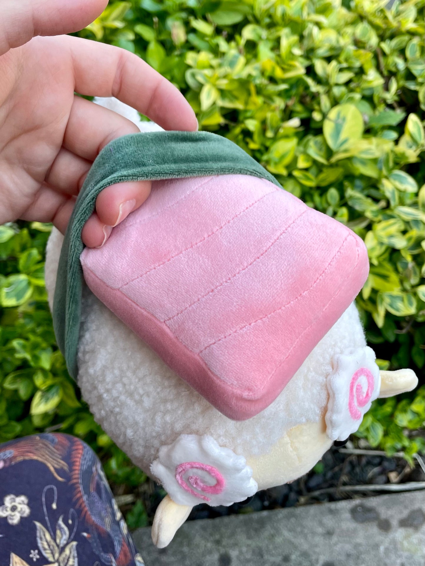 Hand Crafted Plushie - Sushi Sheep with Removable Nigiri and Salmon, with Fish-Cake Horns Plush, Ready to Post.