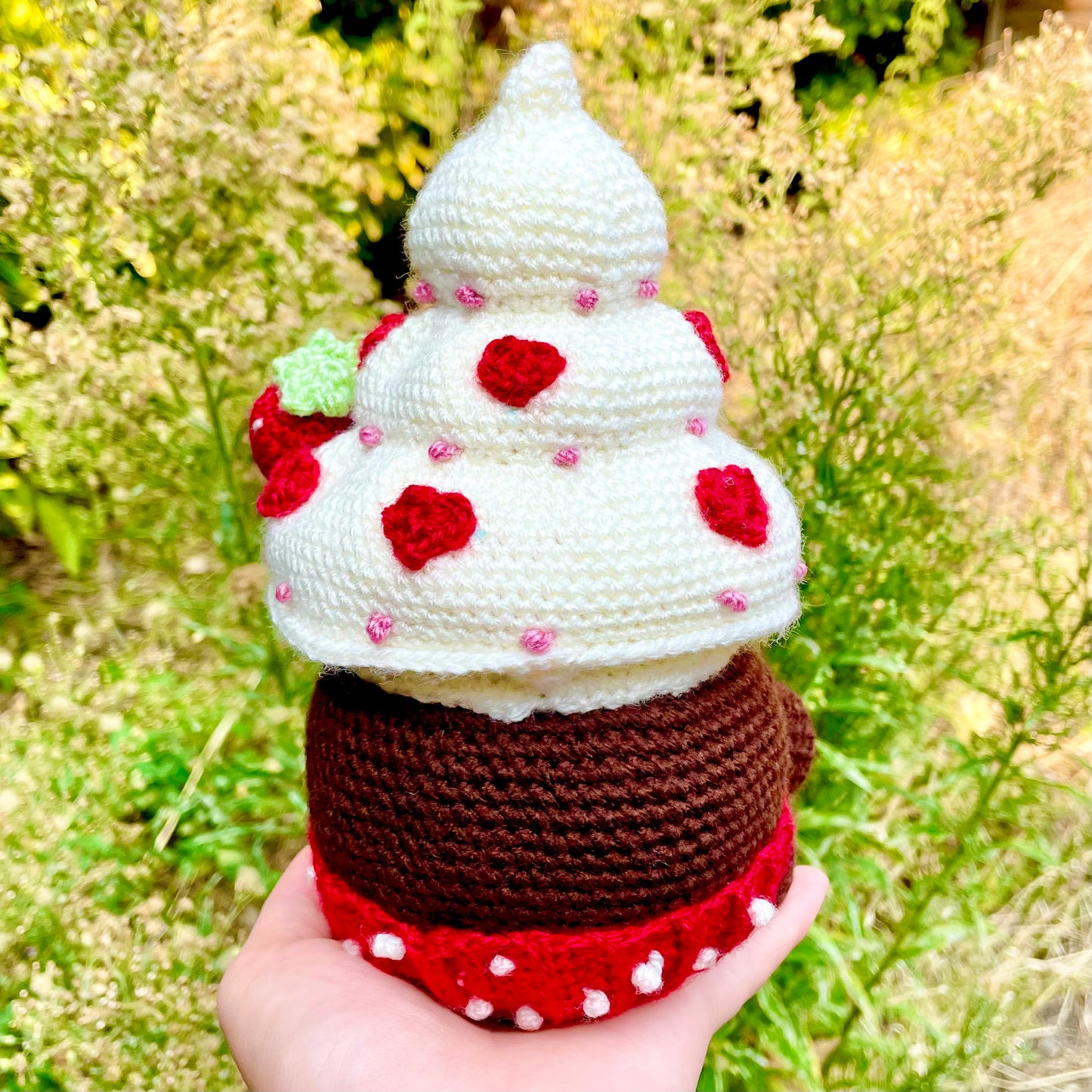 Decadent Red, Cream and Brown Mushroom Cupcake Crocheted Fungi Friend Plushie