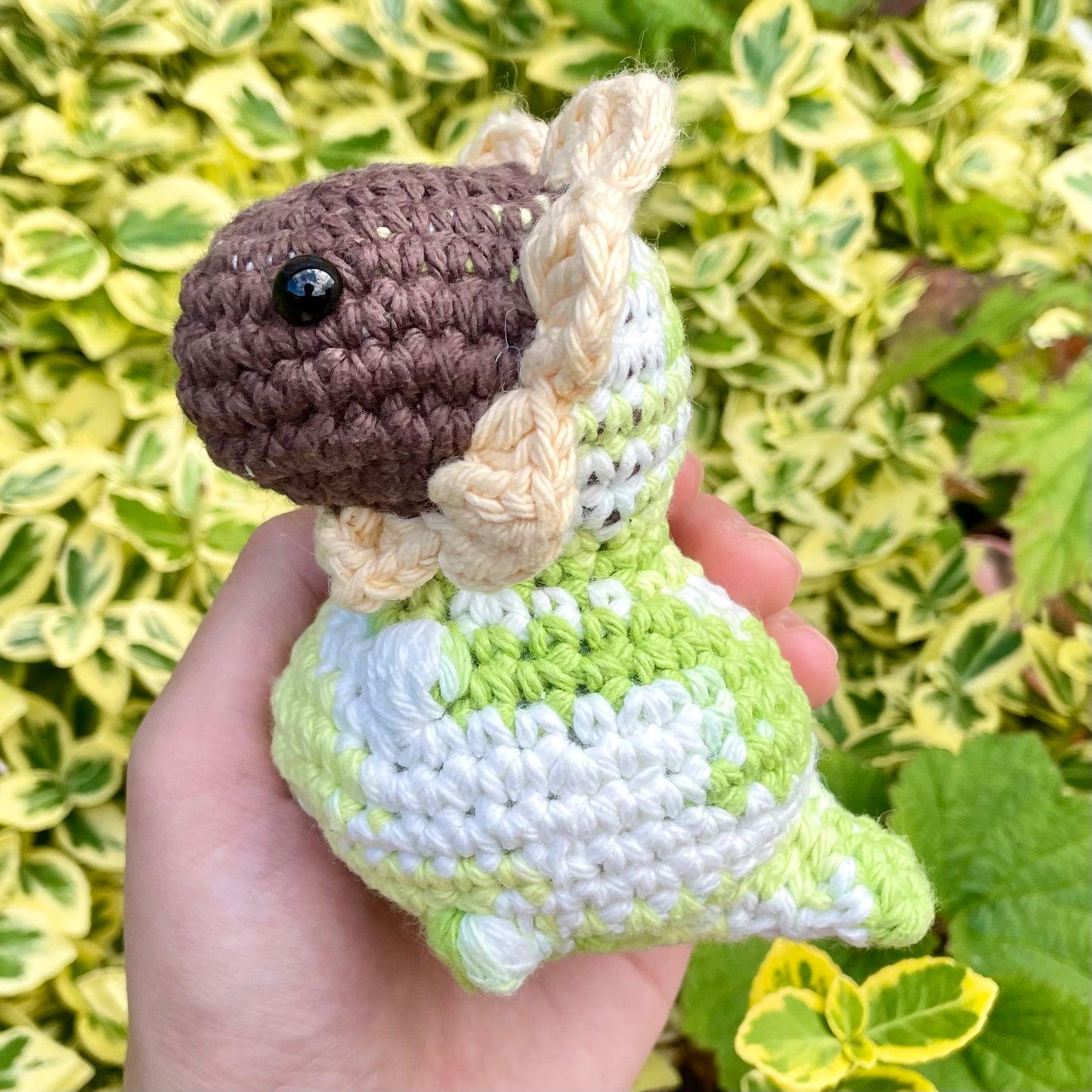 Patches the Green and White Dino with Yellow Sunflower Crown Crocheted Plushie