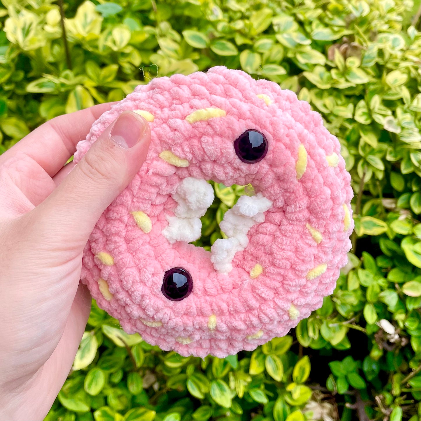 Pink Monster Doughnut with Yellow Sprinkles Crocheted Plushie