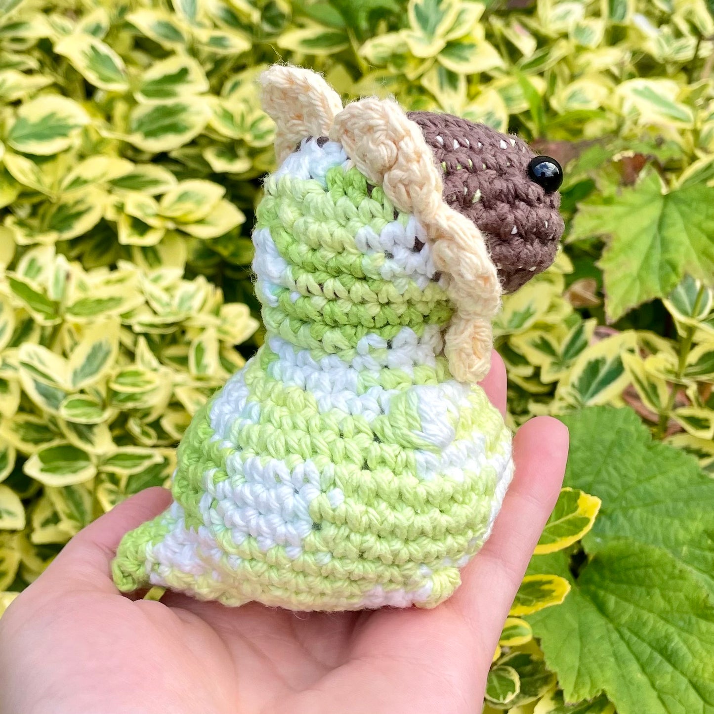 Patches the Green and White Dino with Yellow Sunflower Crown Crocheted Plushie