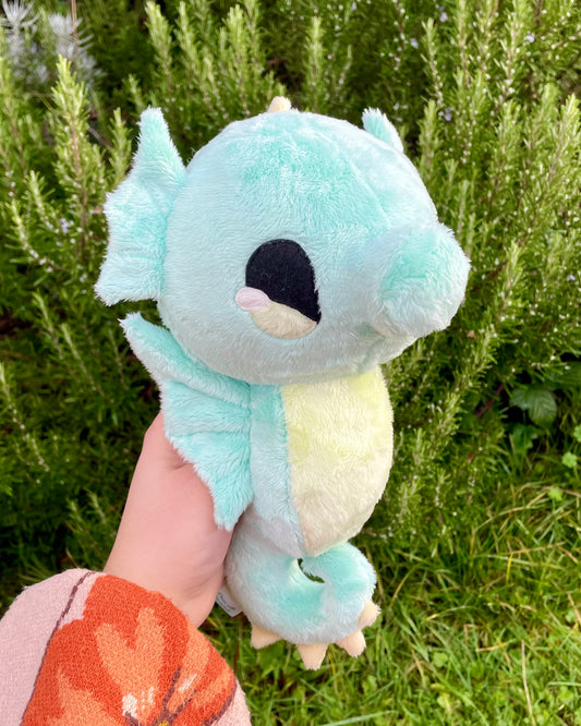 Hand Crafted Plushie - Cyan Blue Seahorse Plush with Yellow Accents and Light Green Belly, Ready to Post