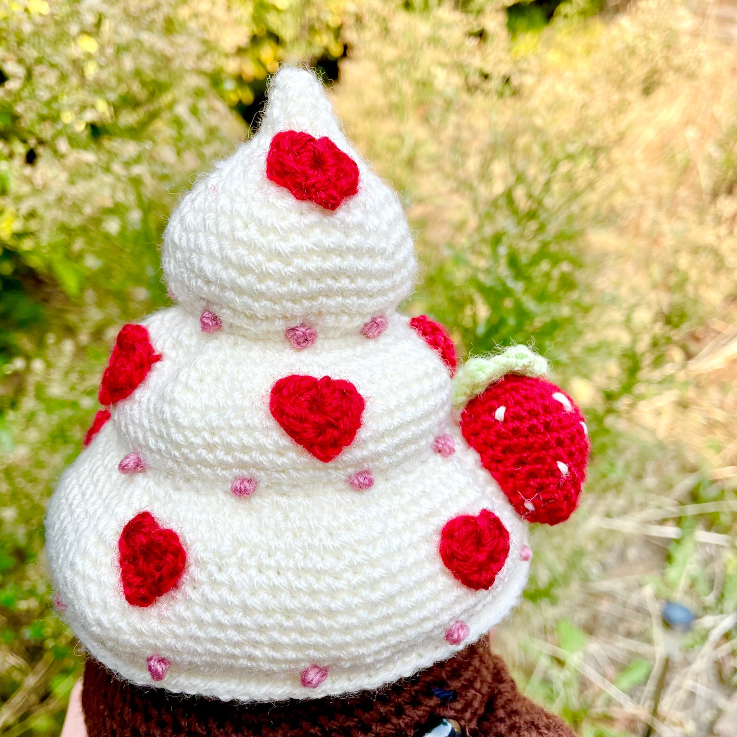 Decadent Red, Cream and Brown Mushroom Cupcake Crocheted Fungi Friend Plushie