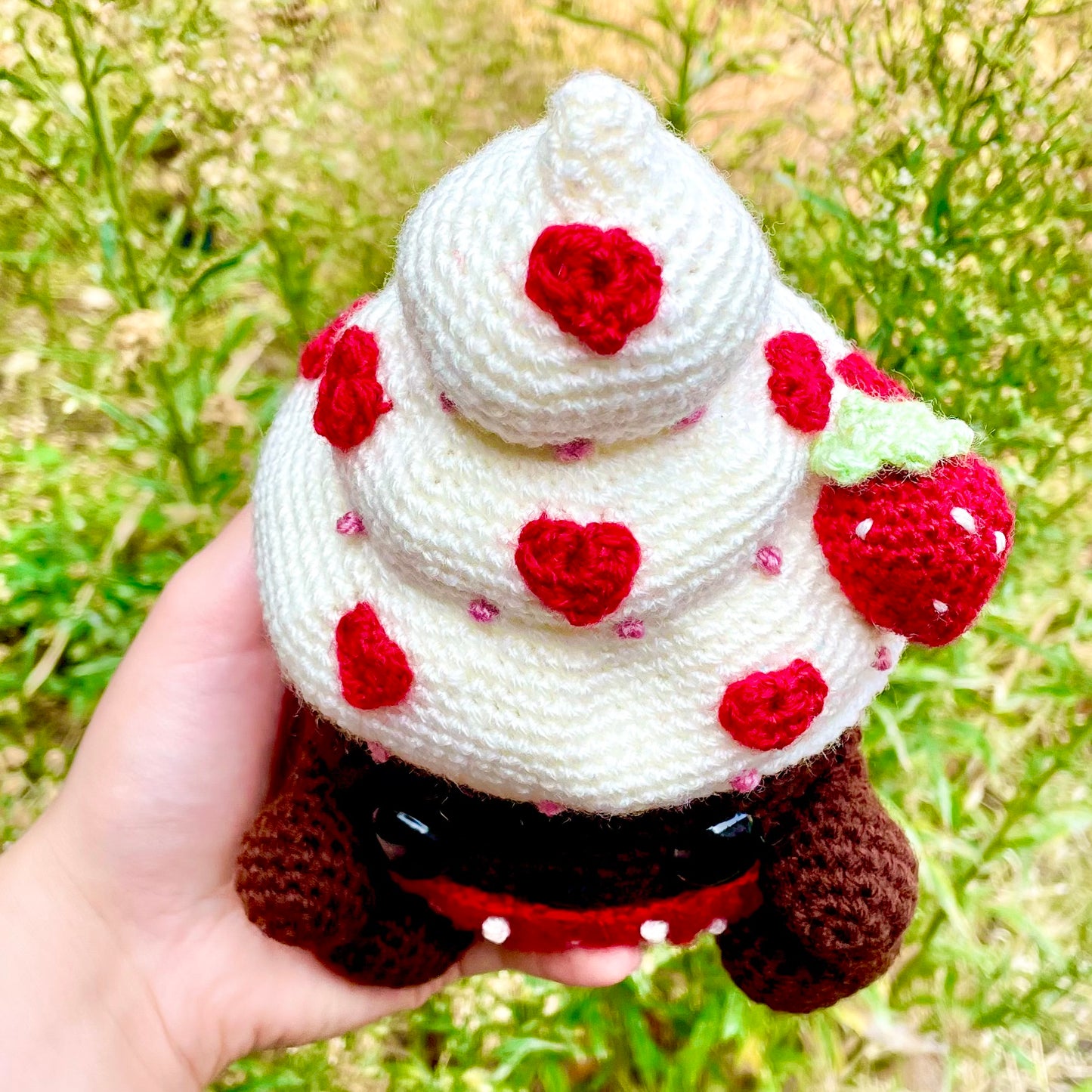 Decadent Red, Cream and Brown Mushroom Cupcake Crocheted Fungi Friend Plushie