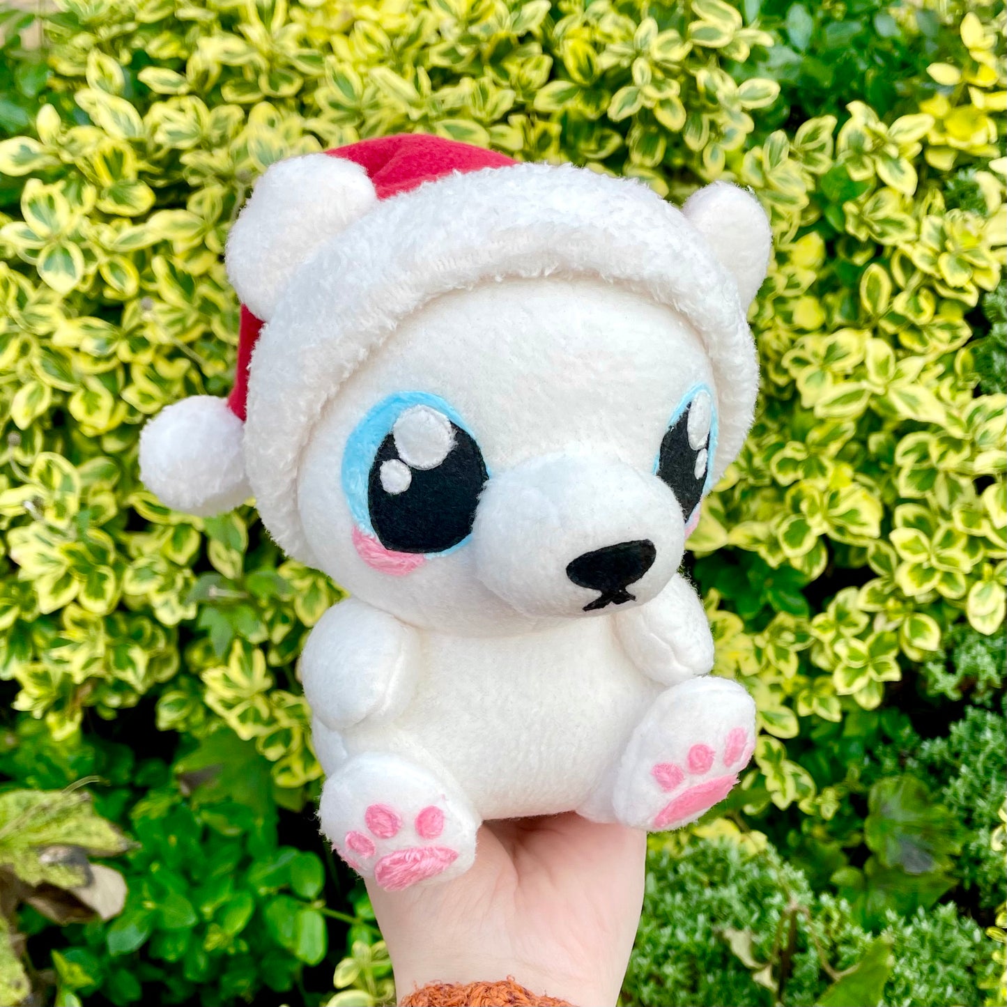 Hand Made Plush - Cream Polar Bear wearing a Red and White Hat Stuffed Plushie, Ready to Post.