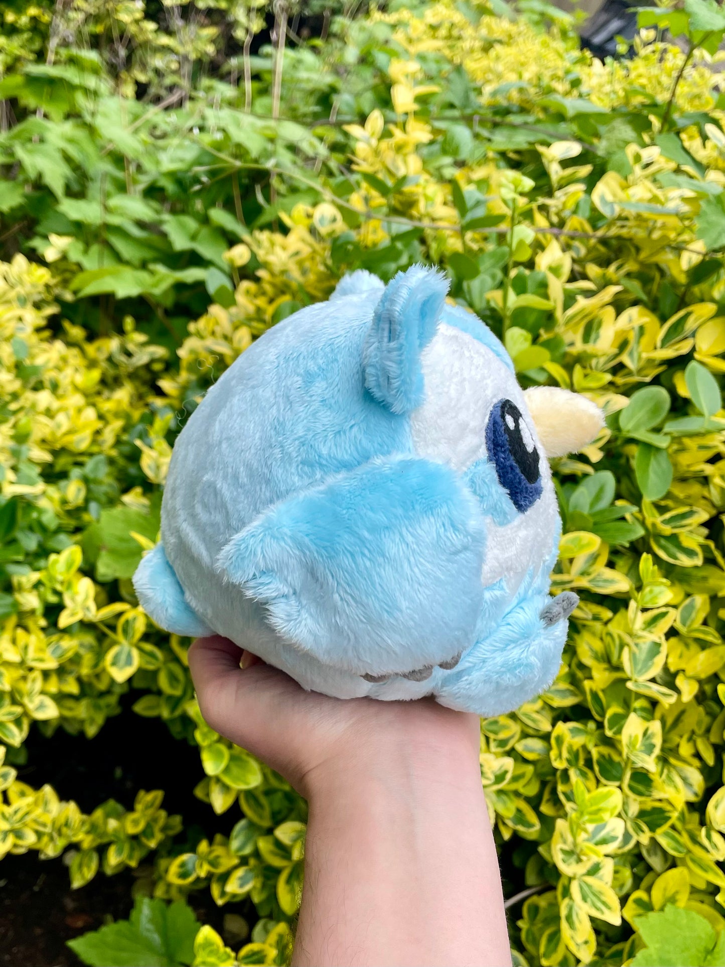 Hand Crafted Plush - Snowy Light Blue and Ivory White Chonky Round Owlbear Cub Plushie, Hand-Crafted
