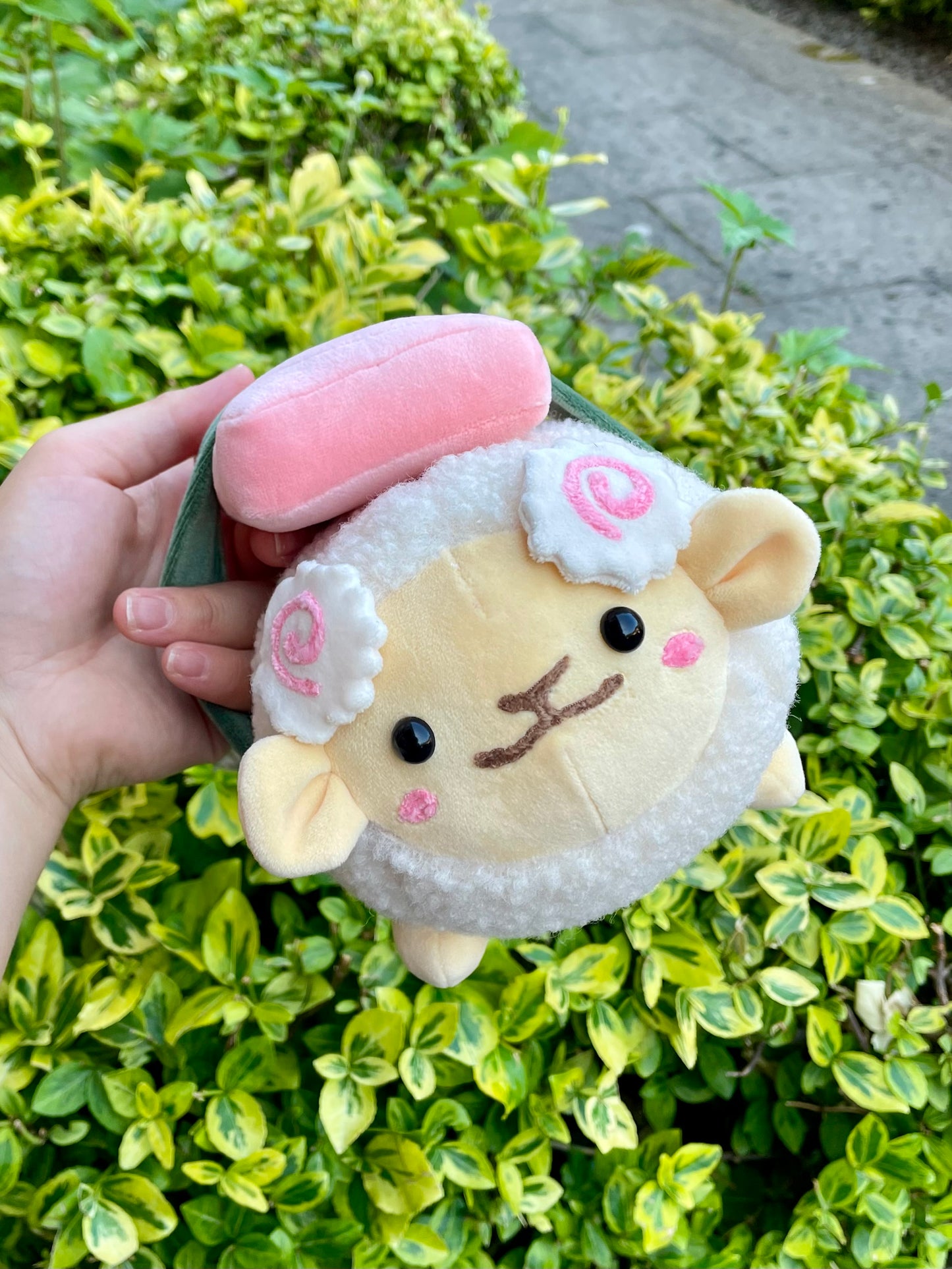 Hand Crafted Plushie - Sushi Sheep with Removable Nigiri and Salmon, with Fish-Cake Horns Plush, Ready to Post.