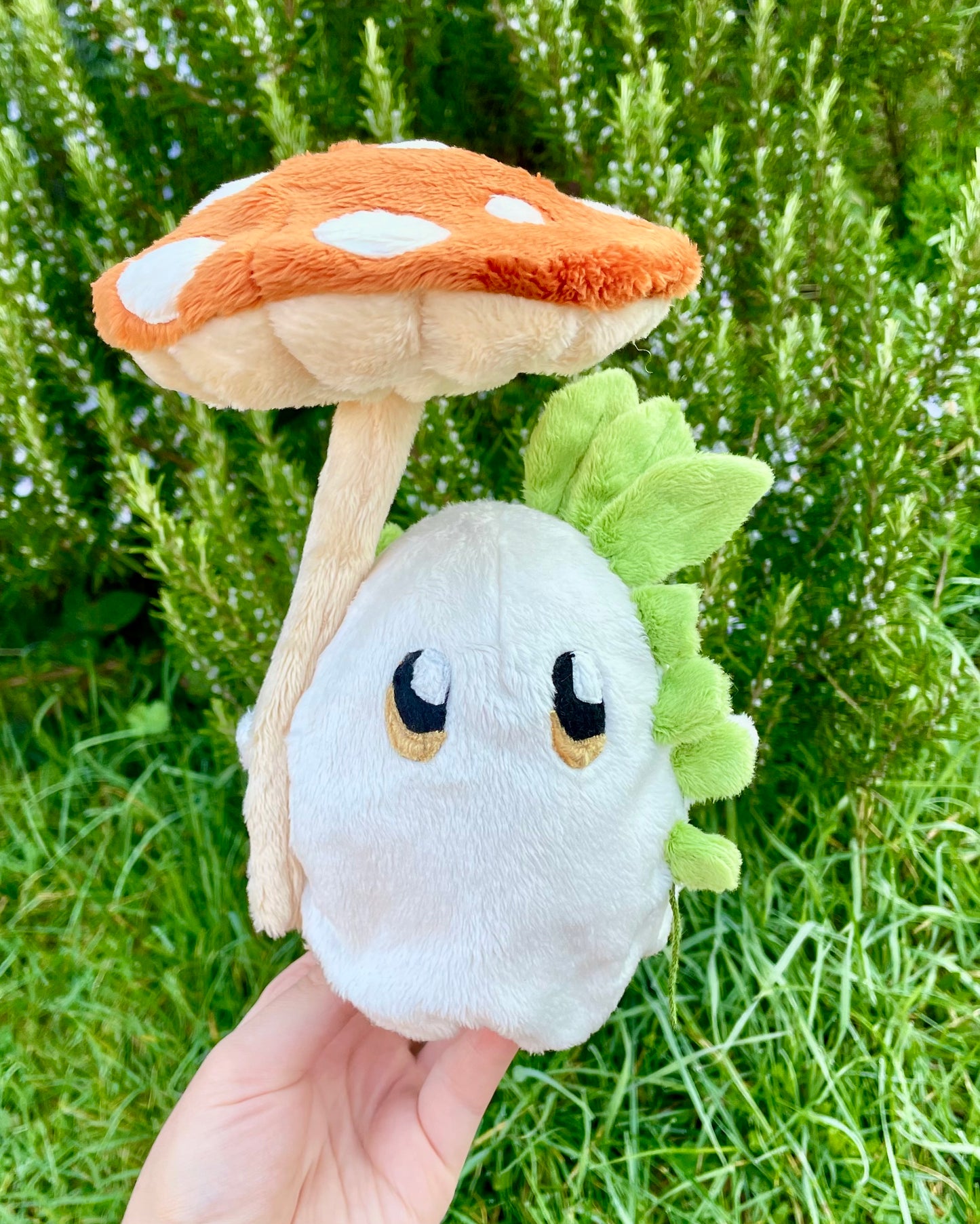 Hand-Crafted Plush, Made to Order - Ghost Sprite Plush with Posable Wired Mushroom (Up to 4 Week Wait)