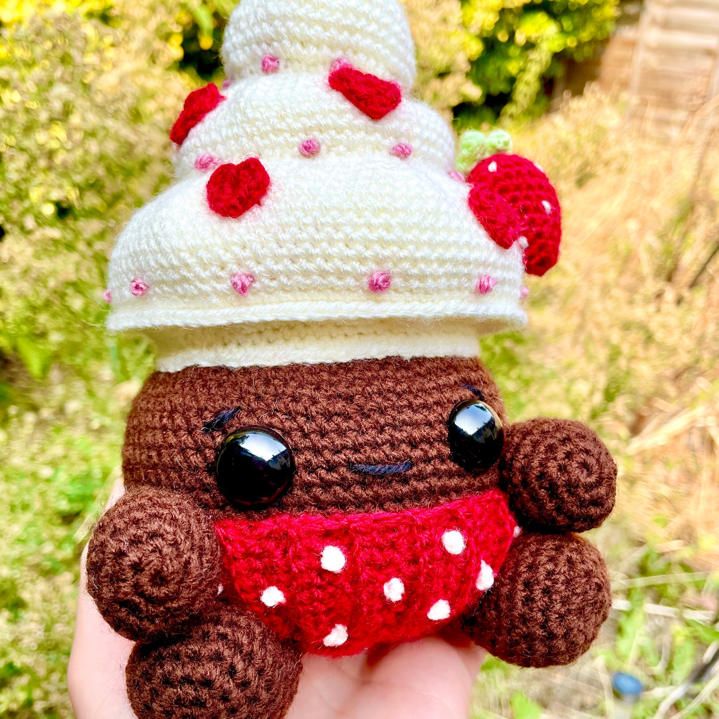 Decadent Red, Cream and Brown Mushroom Cupcake Crocheted Fungi Friend Plushie