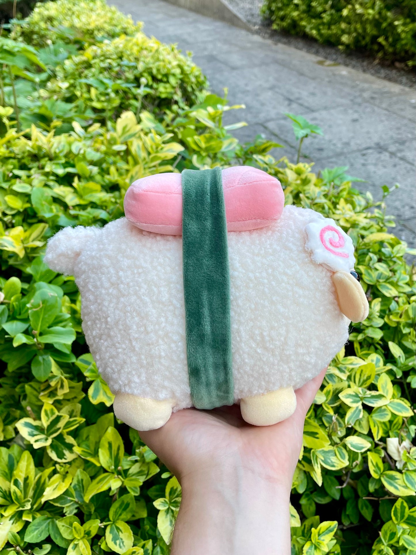 Hand Crafted Plushie - Sushi Sheep with Removable Nigiri and Salmon, with Fish-Cake Horns Plush, Ready to Post.