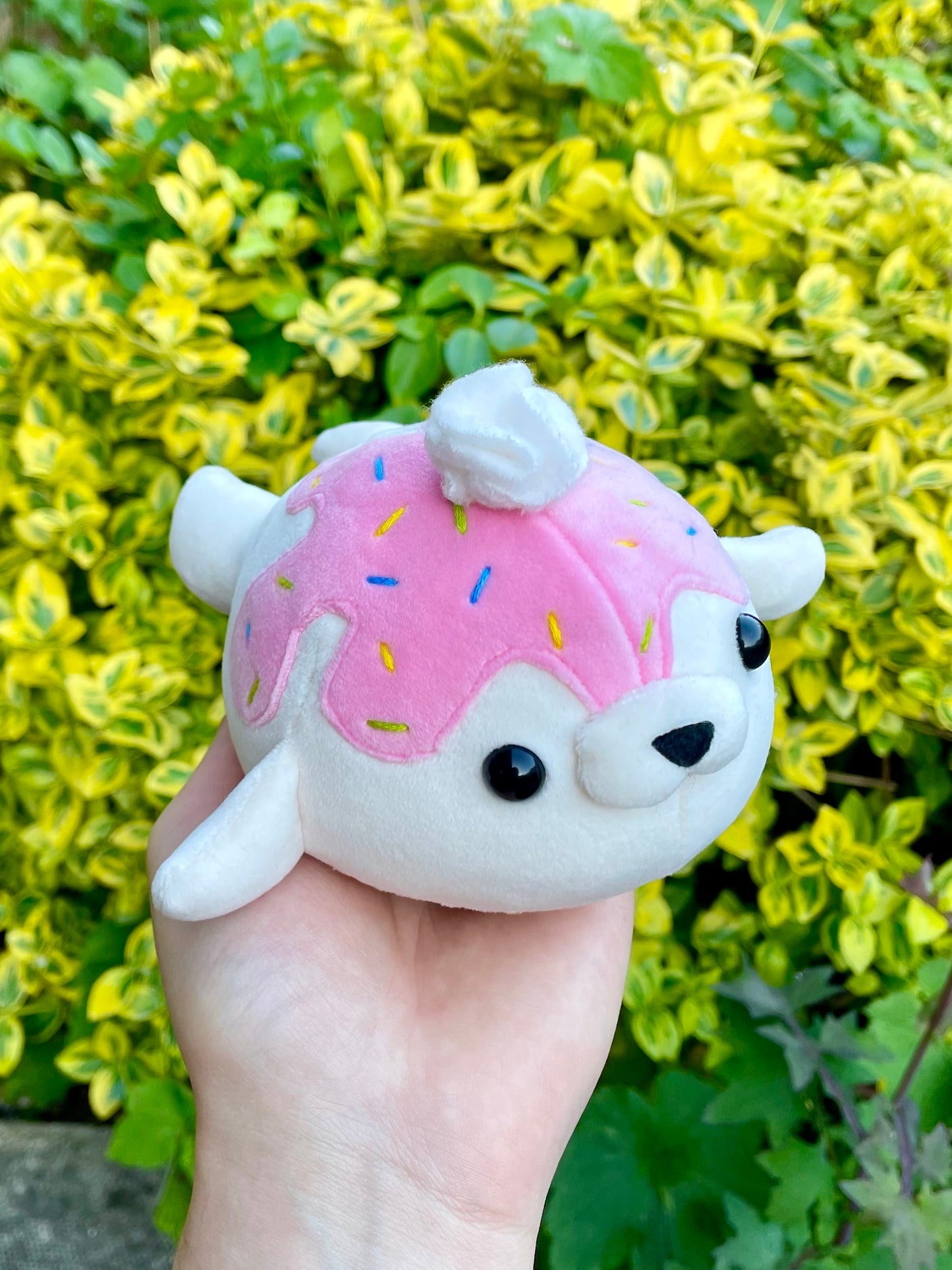 Hand Crafted Plushie - Squishy Sprinkle Seal with Pink/Strawberry Drizzle Frosting and Whip Cream Plush, Ready to Post.
