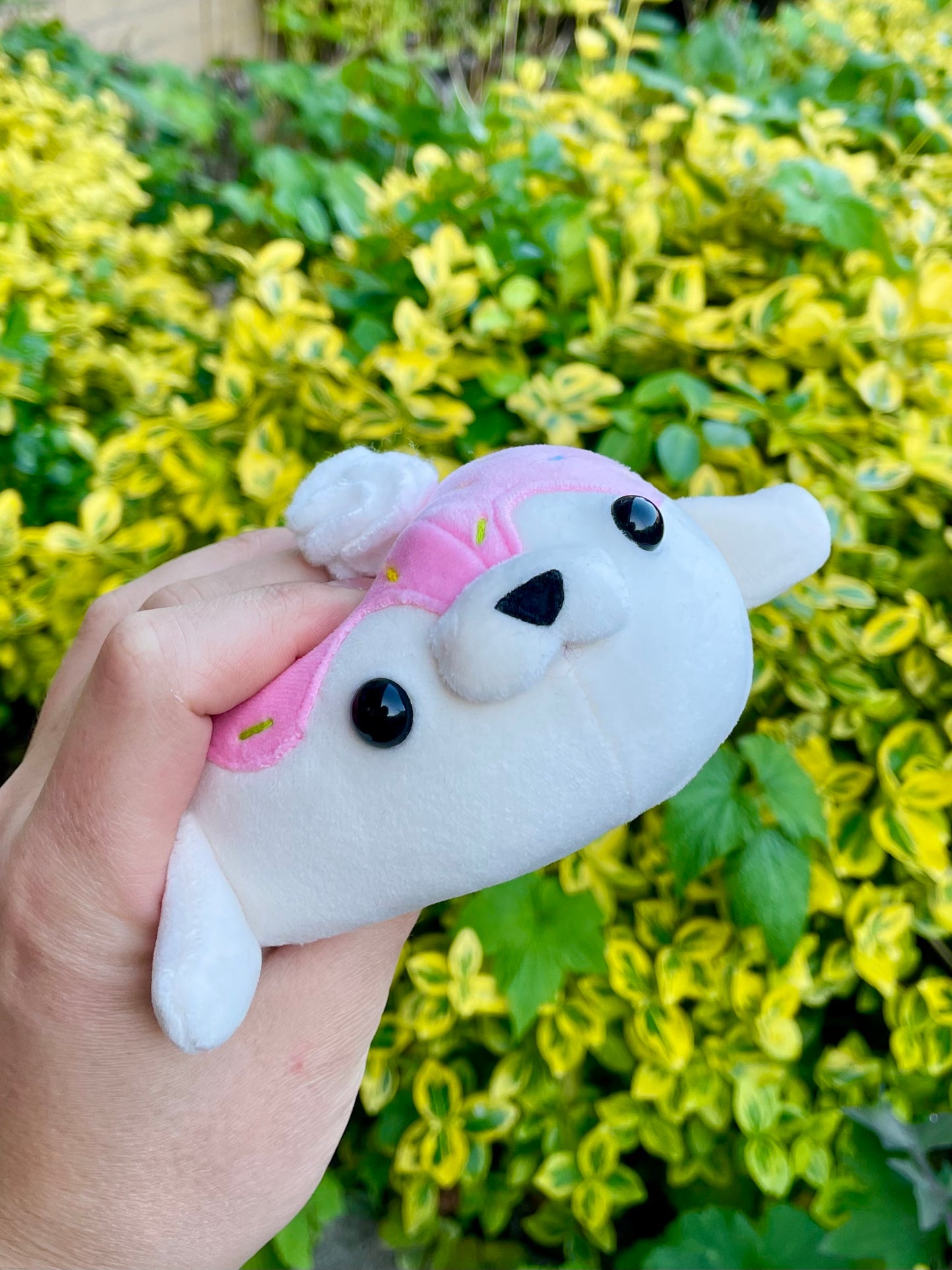 Hand Crafted Plushie - Squishy Sprinkle Seal with Pink/Strawberry Drizzle Frosting and Whip Cream Plush, Ready to Post.