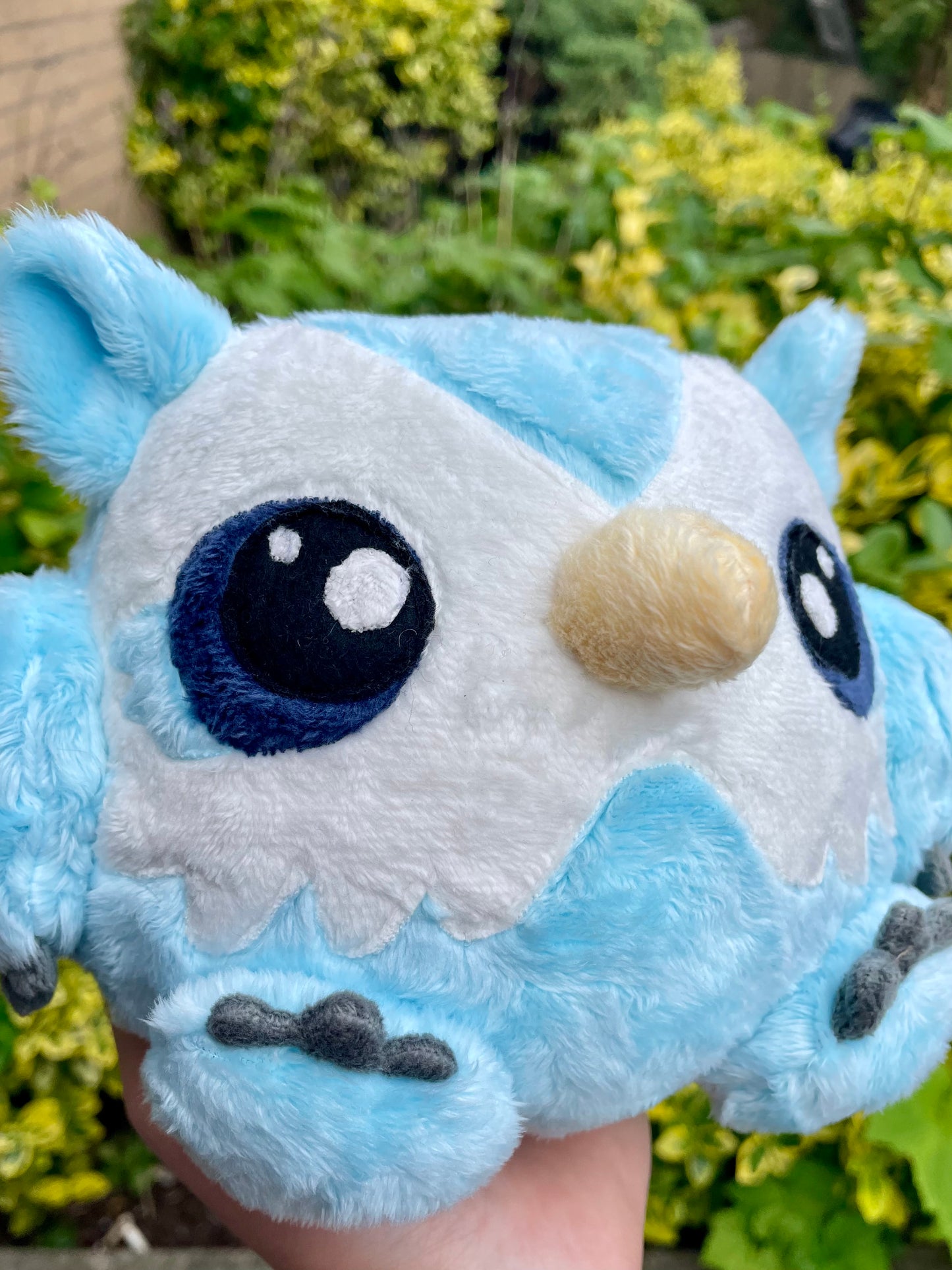 Hand Crafted Plush - Snowy Light Blue and Ivory White Chonky Round Owlbear Cub Plushie, Hand-Crafted