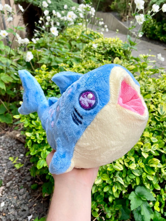 Hand Crafted Plushie - Blue and Yellow Whale Shark Plushie with Light Purple Accents and Pocket Mouth, Ready to Post.