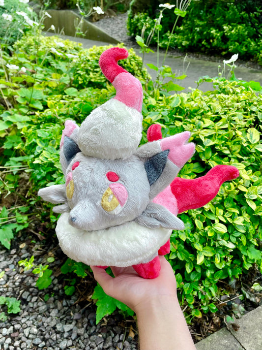 Hand Made Plush - Ghost/Normal Type Illusion Fox Pocket Monster, Red, White and Light Grey, Ready to Post.