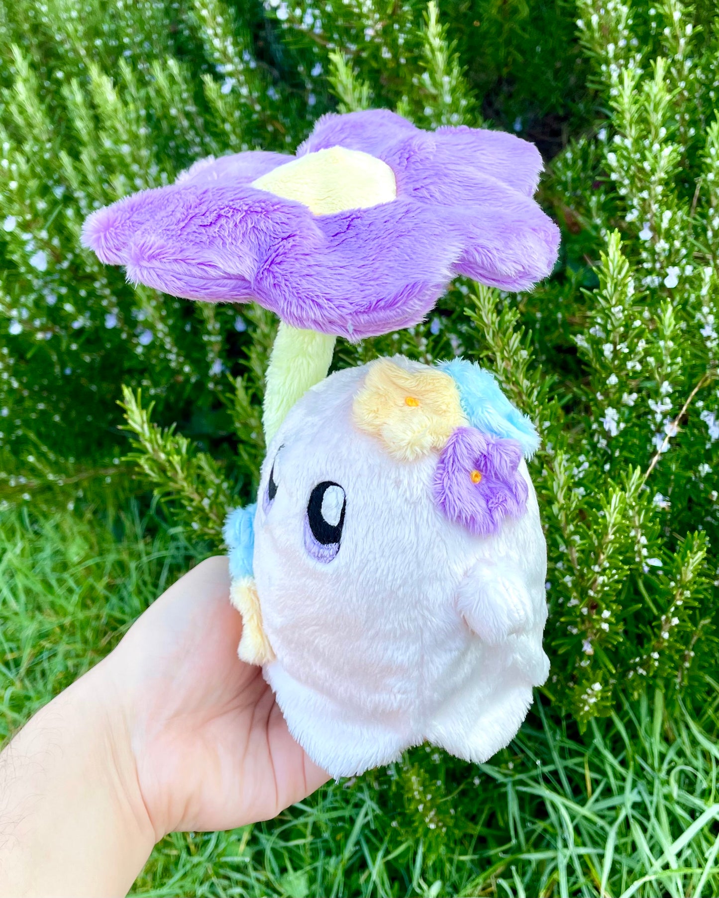 Hand-Crafted Plush, Made to Order - Ghost Sprite Plush with Posable Wired Violet Flower (Up to 4 Week Wait)