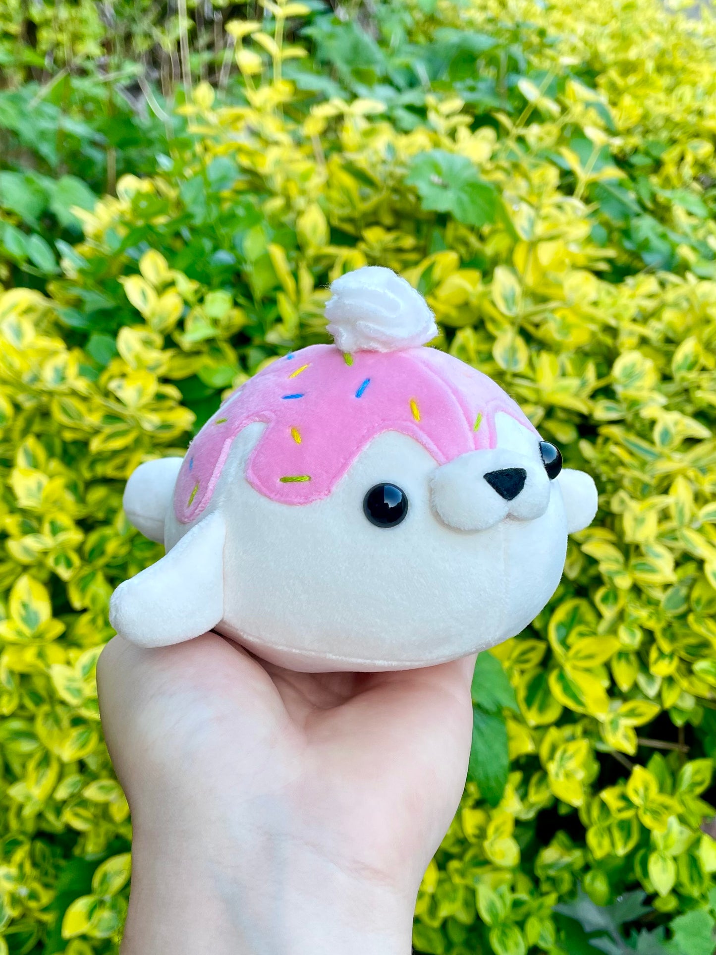 Hand Crafted Plushie - Squishy Sprinkle Seal with Pink/Strawberry Drizzle Frosting and Whip Cream Plush, Ready to Post.