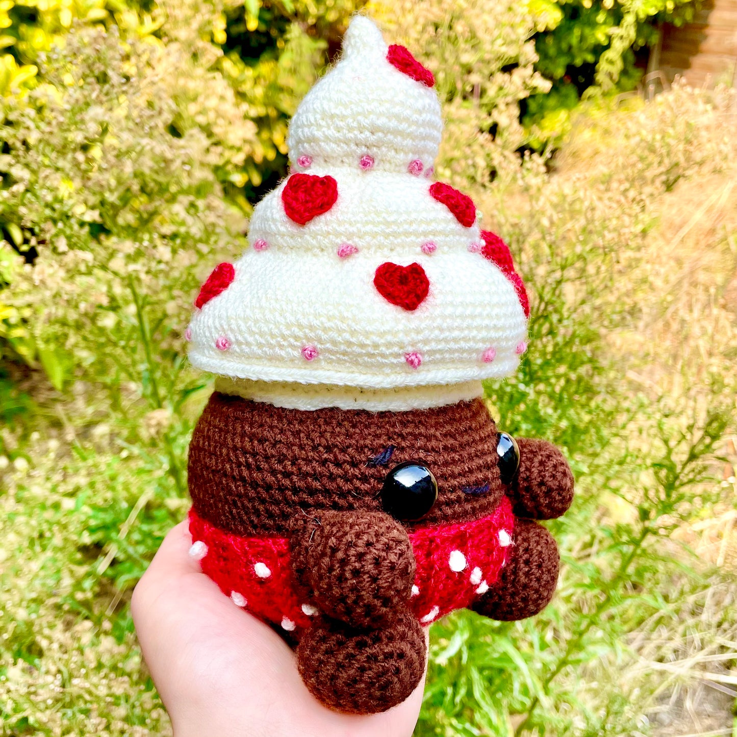 Decadent Red, Cream and Brown Mushroom Cupcake Crocheted Fungi Friend Plushie