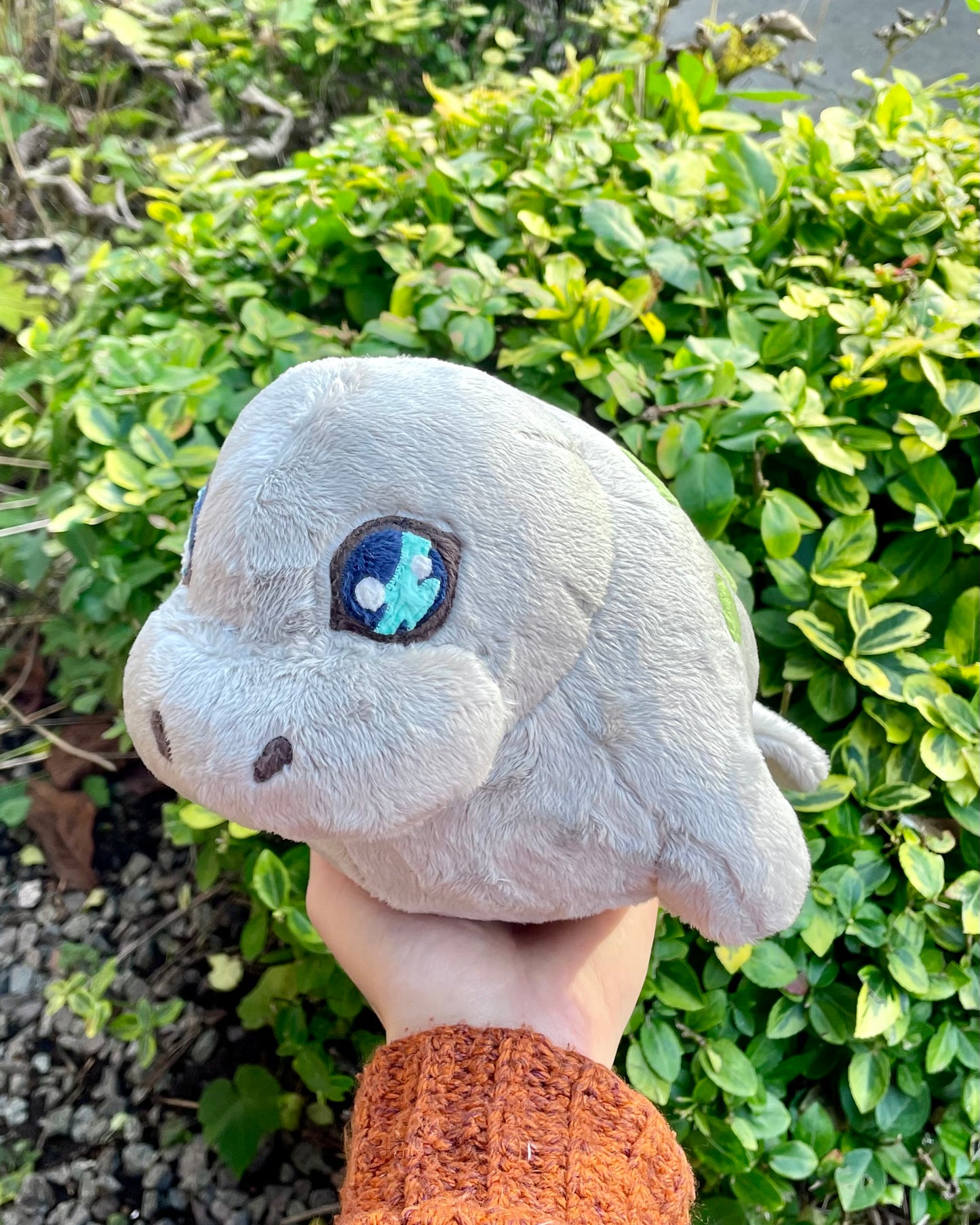 Hand Crafted Plush - Soft Grey Manatee with Mossy Green Algae, Ready to Post