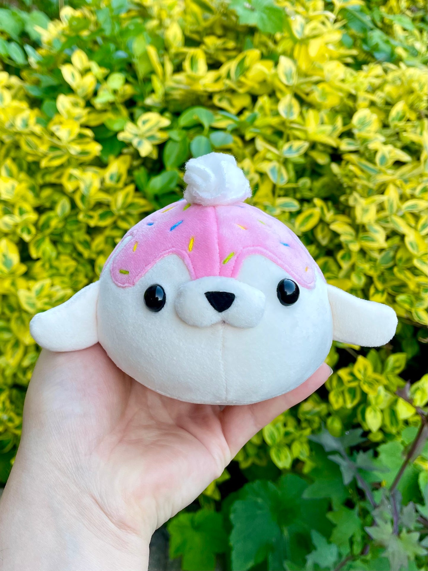 Hand Crafted Plushie - Squishy Sprinkle Seal with Pink/Strawberry Drizzle Frosting and Whip Cream Plush, Ready to Post.