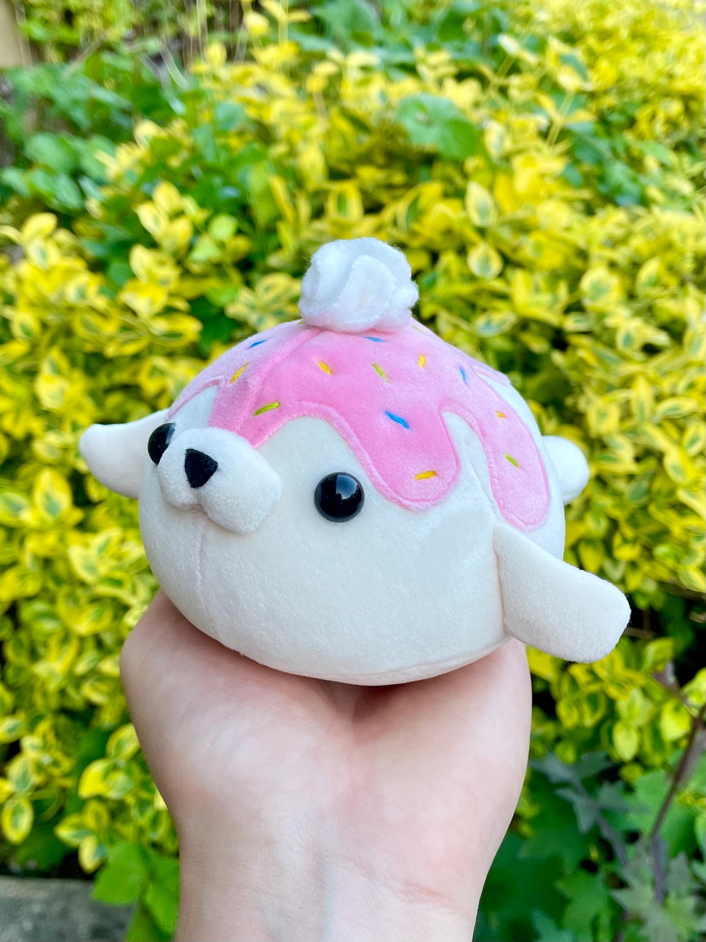 Hand Crafted Plushie - Squishy Sprinkle Seal with Pink/Strawberry Drizzle Frosting and Whip Cream Plush, Ready to Post.