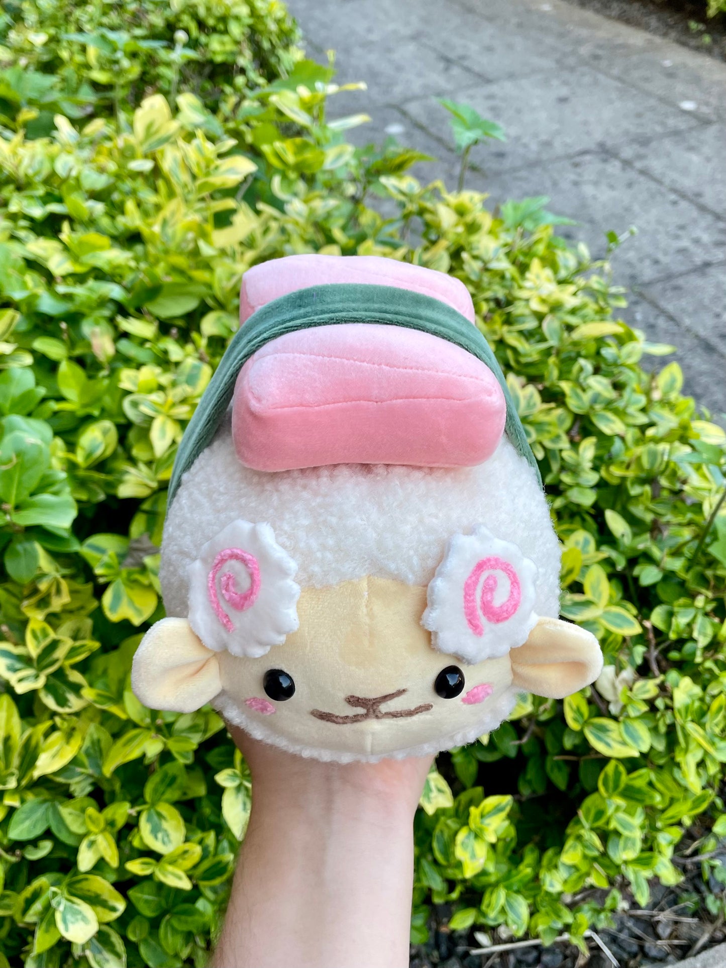Hand Crafted Plushie - Sushi Sheep with Removable Nigiri and Salmon, with Fish-Cake Horns Plush, Ready to Post.
