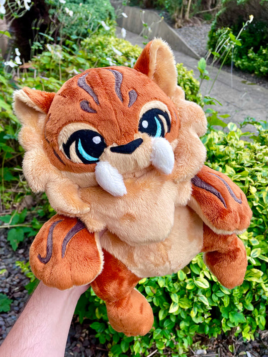 Hand Made Plush - Burnt Orange and Golden Yellow Sabertooth Tiger, Weighted and Floppy, Ready to Post.