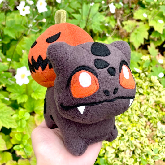 Rust Orange and Slate Grey Pumpkin Halloween Bulbasaur Inspired Pokemon Stuffed Plush