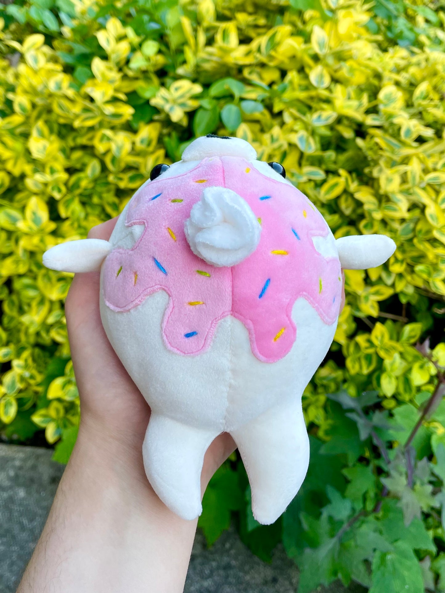 Hand Crafted Plushie - Squishy Sprinkle Seal with Pink/Strawberry Drizzle Frosting and Whip Cream Plush, Ready to Post.