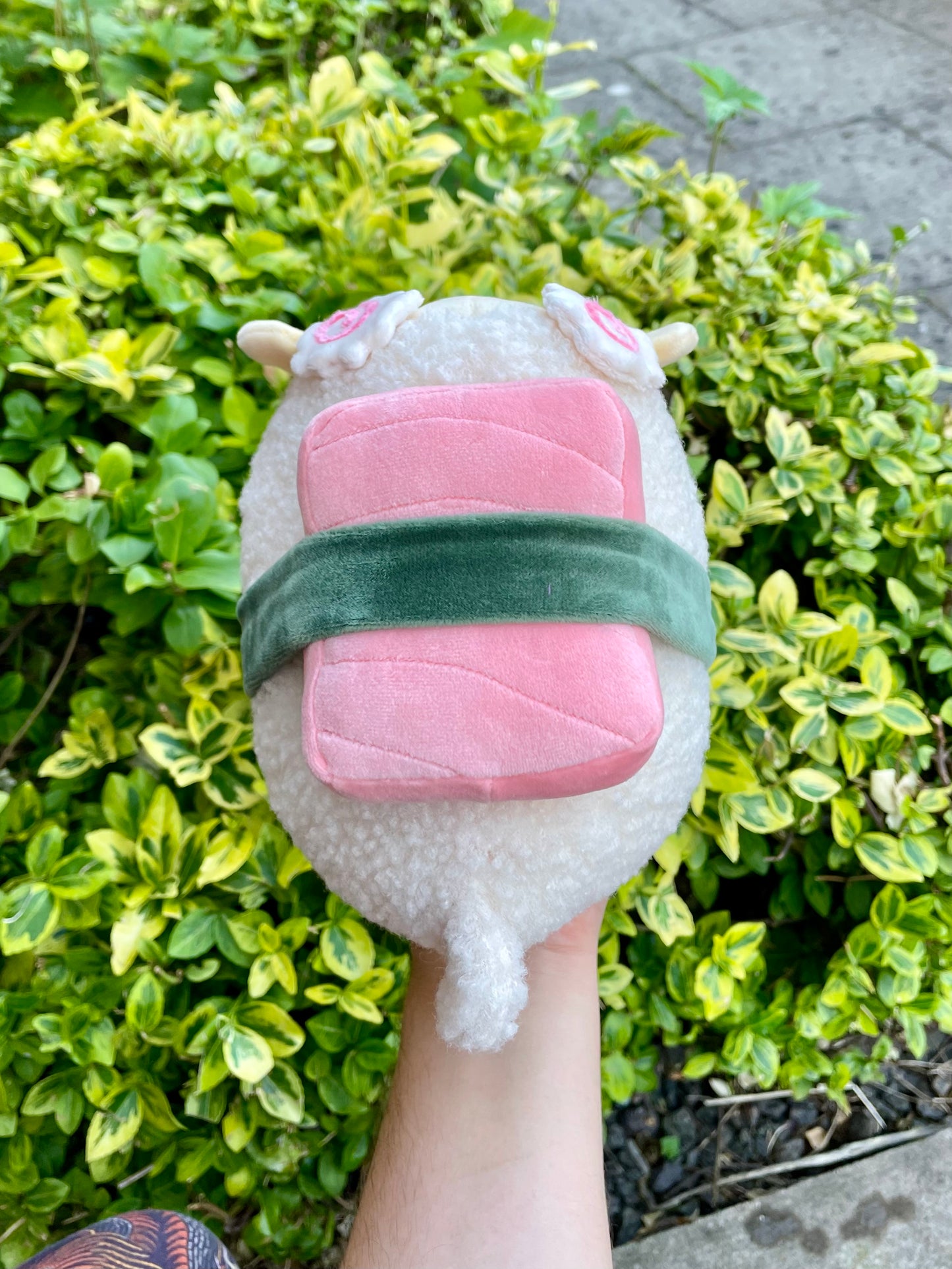 Hand Crafted Plushie - Sushi Sheep with Removable Nigiri and Salmon, with Fish-Cake Horns Plush, Ready to Post.