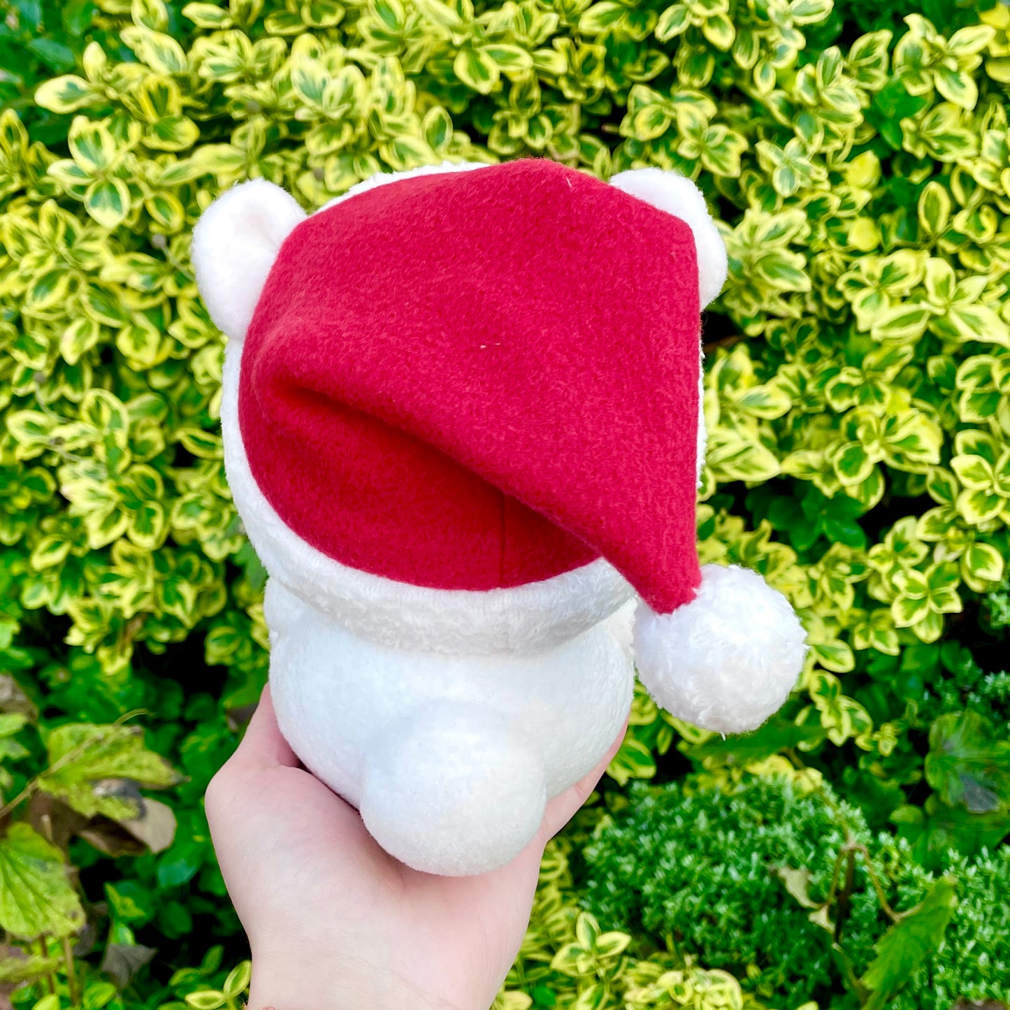 Hand Made Plush - Cream Polar Bear wearing a Red and White Hat Stuffed Plushie, Ready to Post.