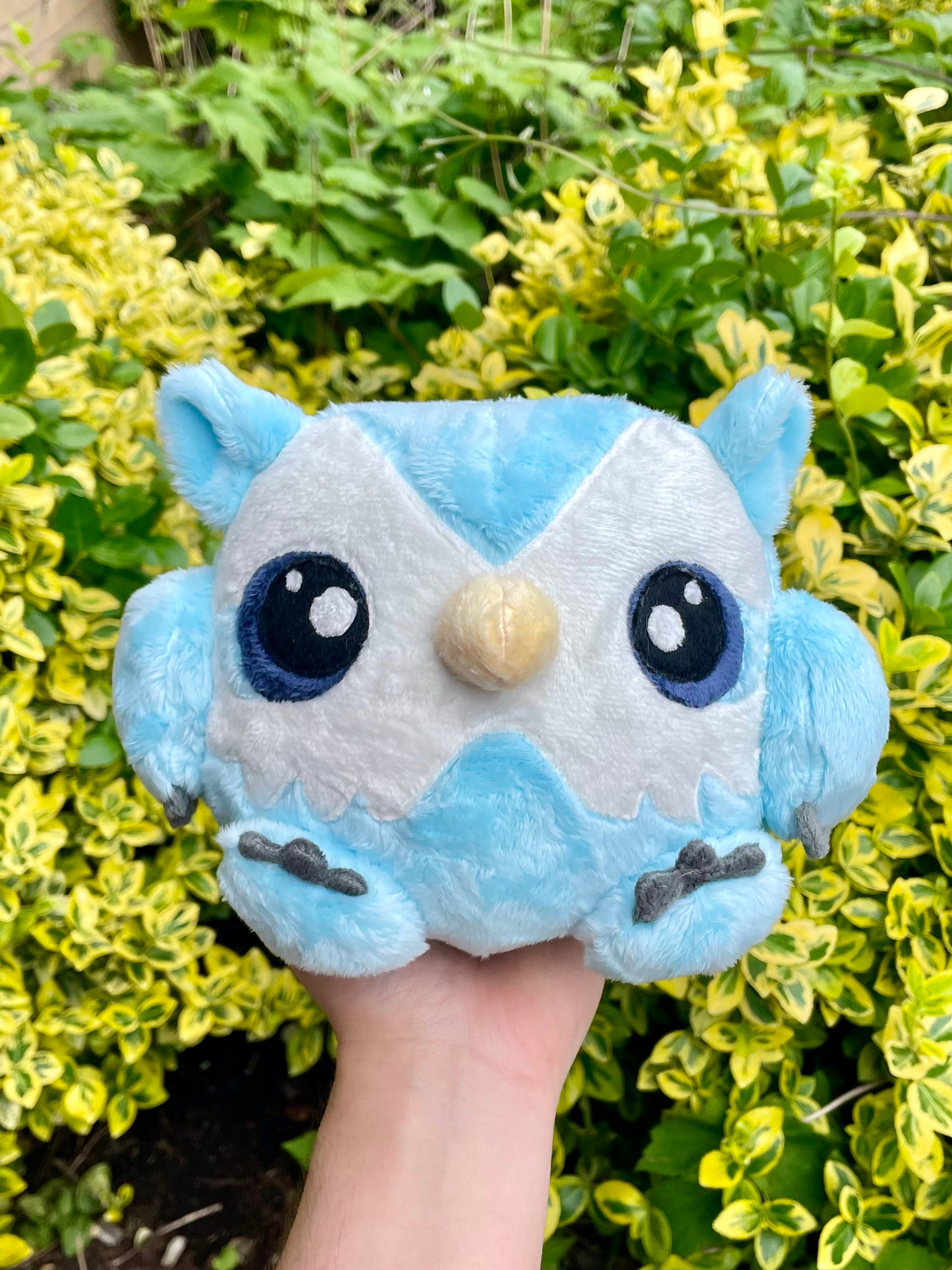 Hand Crafted Plush - Snowy Light Blue and Ivory White Chonky Round Owlbear Cub Plushie, Hand-Crafted