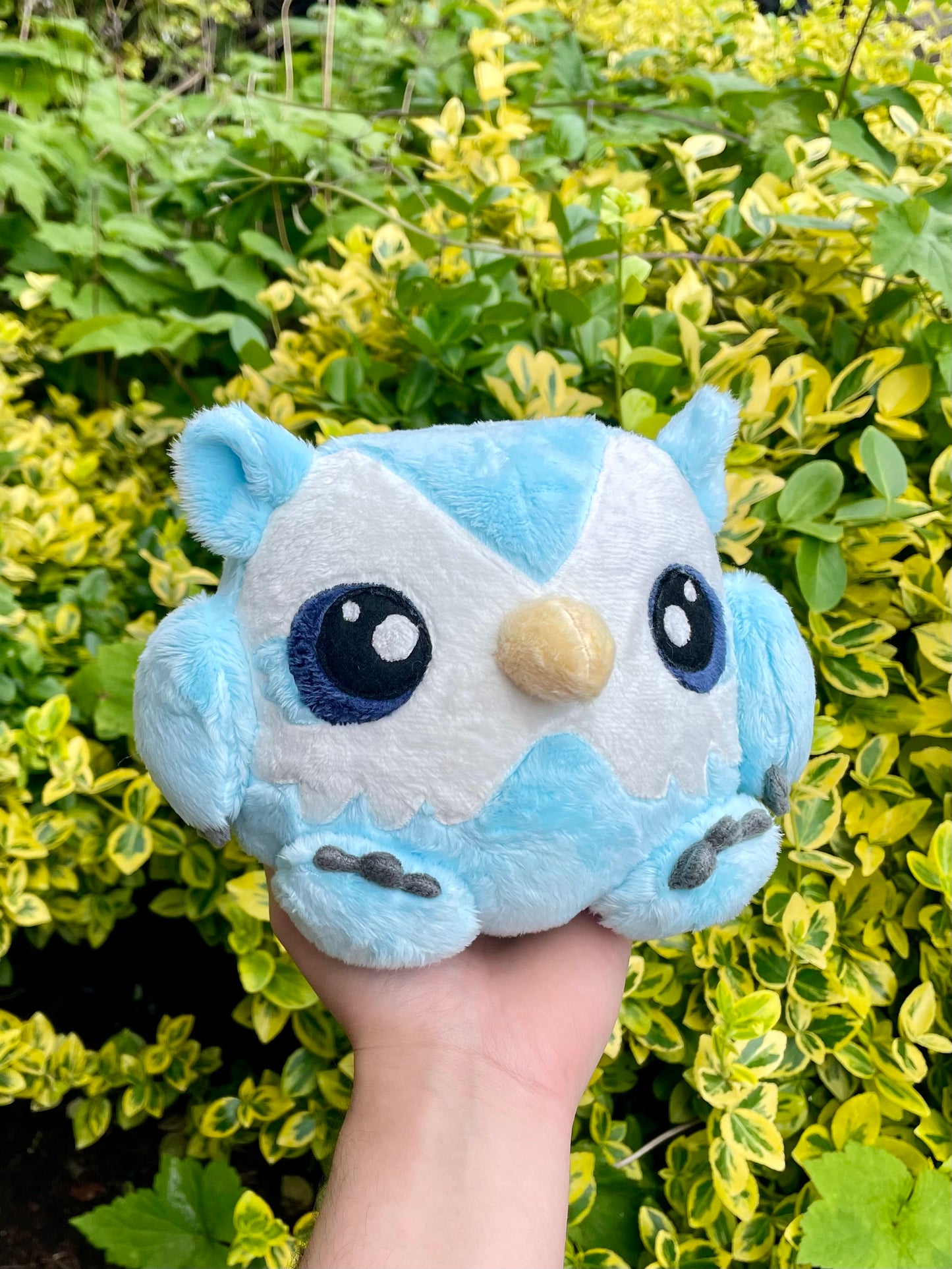 Hand Crafted Plush - Snowy Light Blue and Ivory White Chonky Round Owlbear Cub Plushie, Hand-Crafted