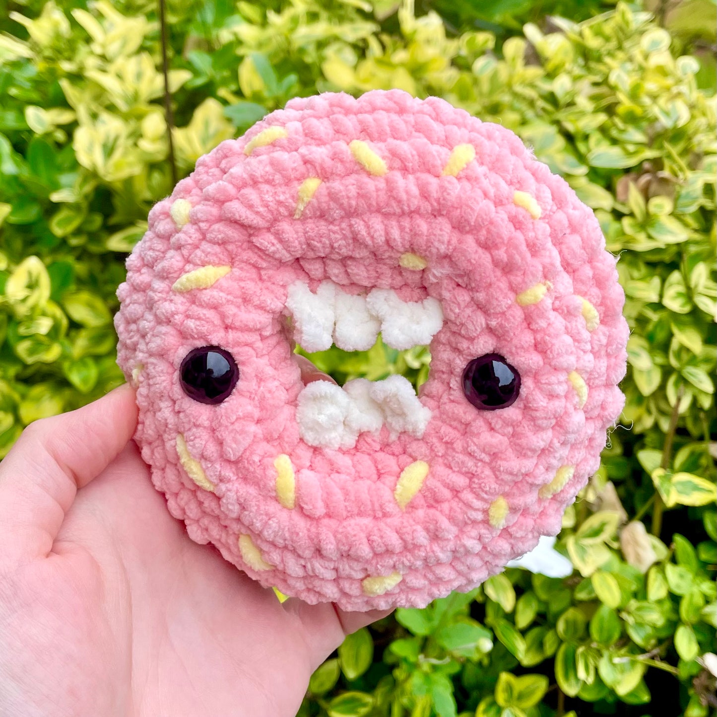 Pink Monster Doughnut with Yellow Sprinkles Crocheted Plushie