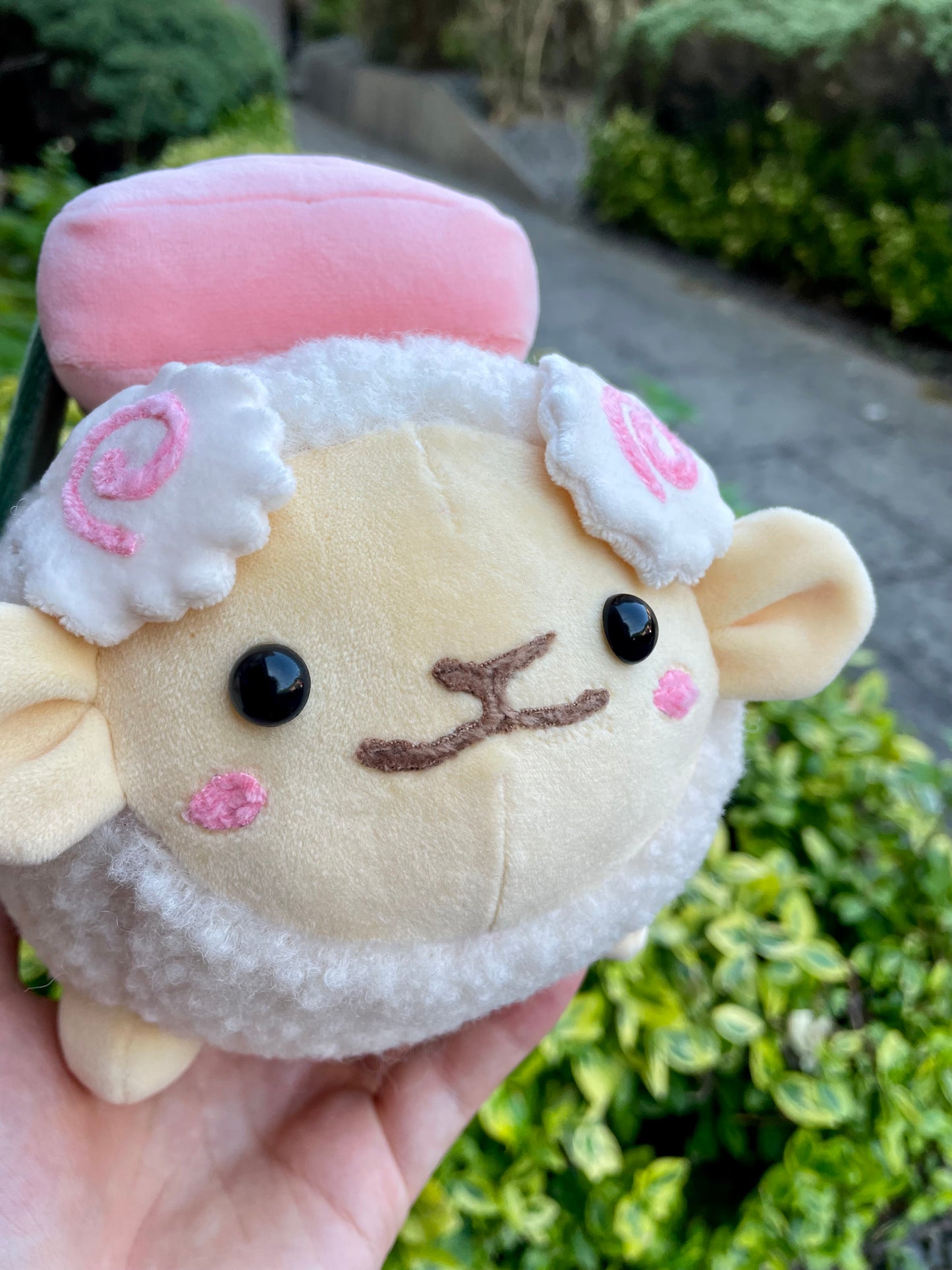 Hand Crafted Plushie - Sushi Sheep with Removable Nigiri and Salmon, with Fish-Cake Horns Plush, Ready to Post.